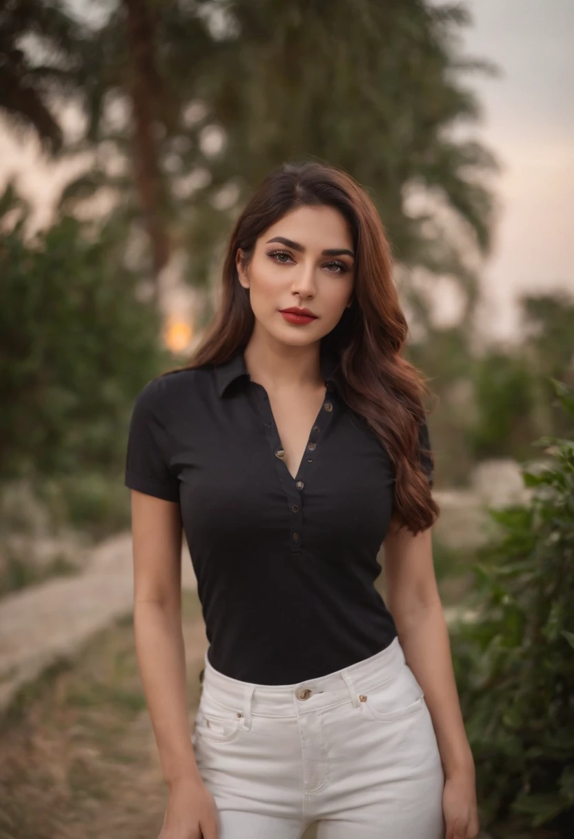 40k, RAW photo, best quality, masterpiece: 1.2), (realistic, photorealistic: 1.37), 1 beautiful Turkish girl weaing black polo shirt, standing beside black Mercedes seducing pose wearing white jeans in night at Lahore , Pakistan outside old traditional home , GTA vice city vibes nightscape Mehwish hayat