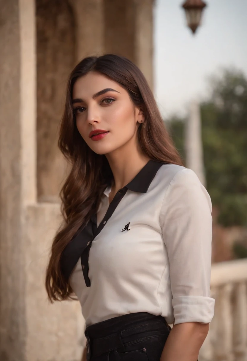 40k, RAW photo, best quality, masterpiece: 1.2), (realistic, photorealistic: 1.37), 1 beautiful Turkish girl weaing black polo shirt, standing beside black Mercedes seducing pose wearing white jeans in night at Lahore , Pakistan outside old traditional home , GTA vice city vibes nightscape Mehwish hayat