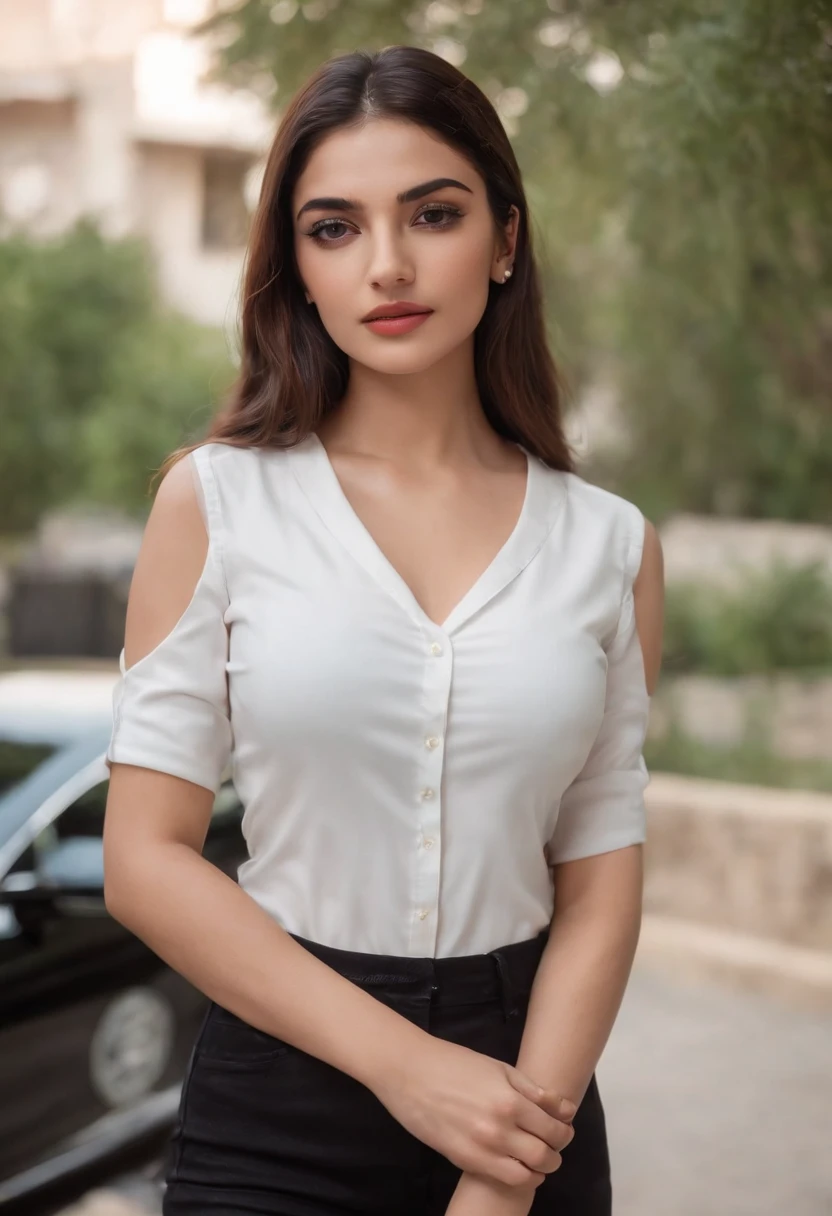 40k, RAW photo, best quality, masterpiece: 1.2), (realistic, photorealistic: 1.37), 1 beautiful Turkish girl weaing black polo shirt, standing beside black Mercedes seducing pose wearing white jeans in night at Lahore , Pakistan outside old traditional home , GTA vice city vibes nightscape Mehwish hayat