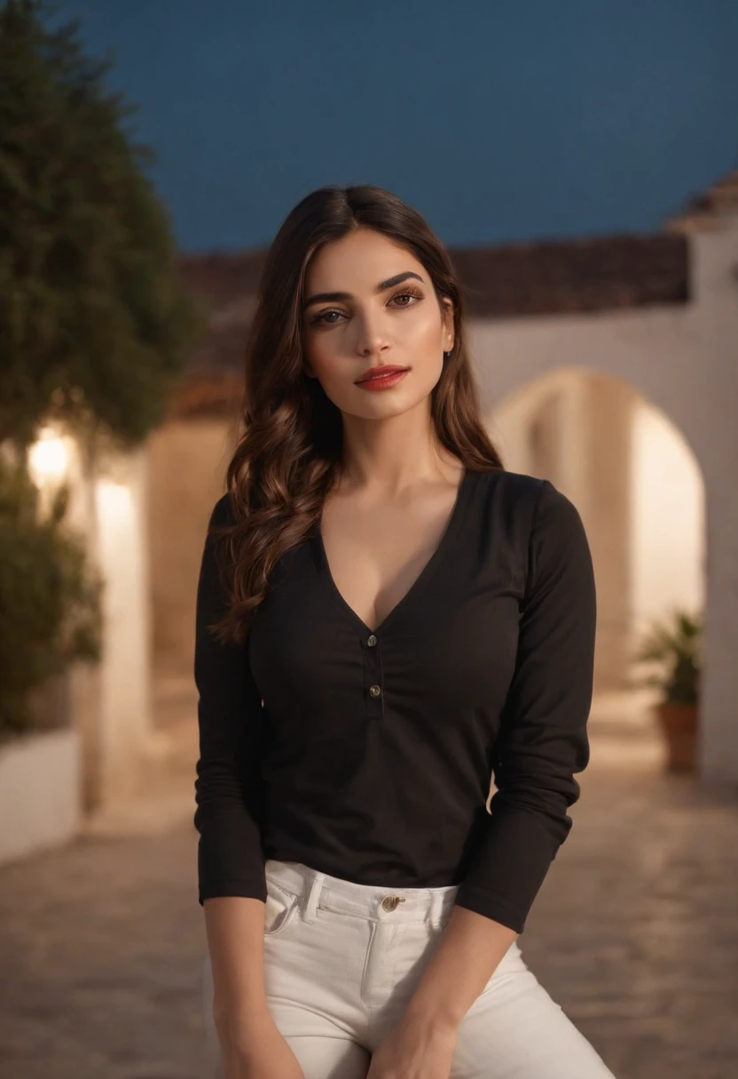 40k, RAW photo, best quality, masterpiece: 1.2), (realistic, photorealistic: 1.37), 1 beautiful Turkish girl weaing black polo shirt, standing beside black Mercedes seducing pose wearing white jeans in night at Lahore , Pakistan outside old traditional home , GTA vice city vibes nightscape Mehwish hayat