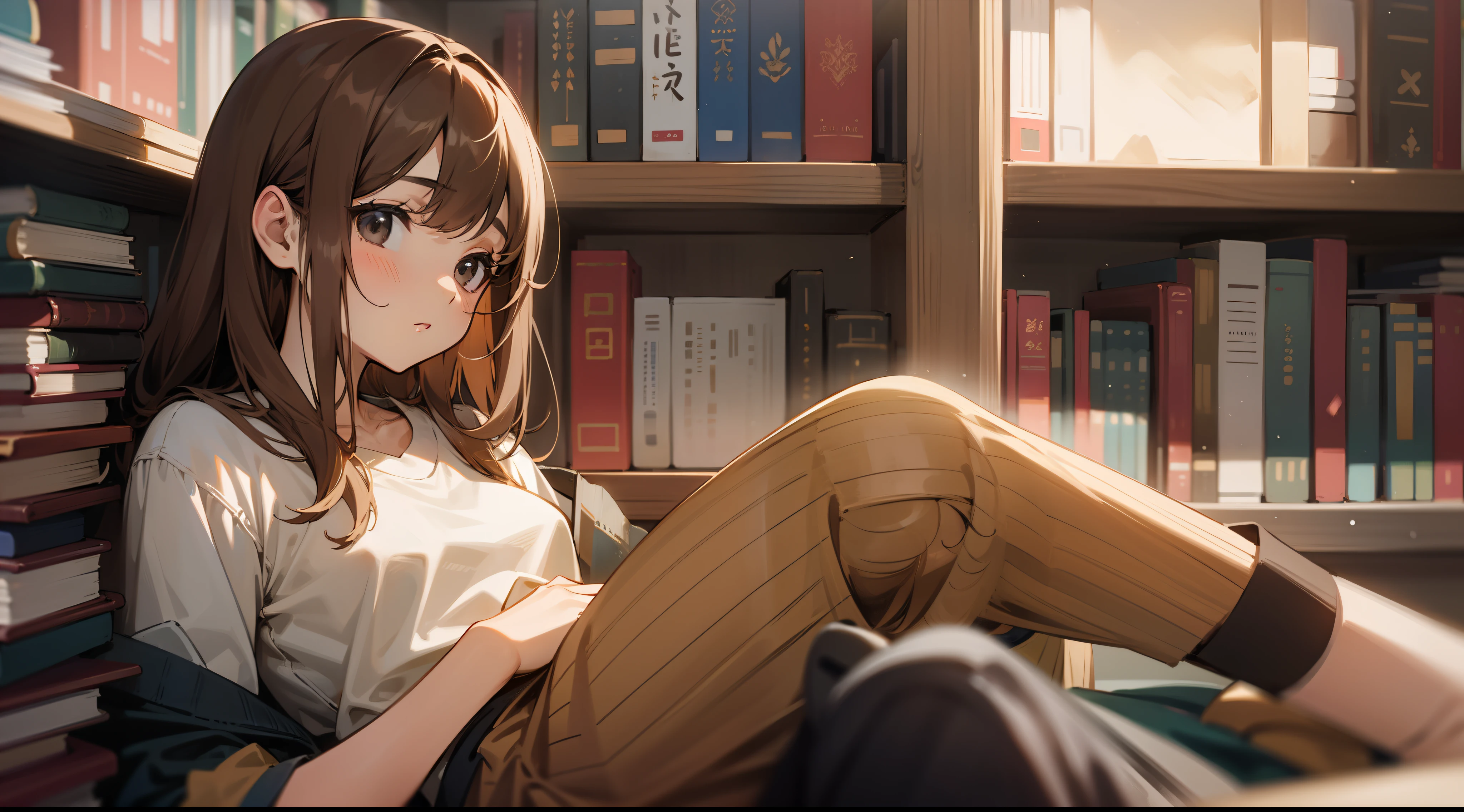 Room with books、Brown-haired woman1a person