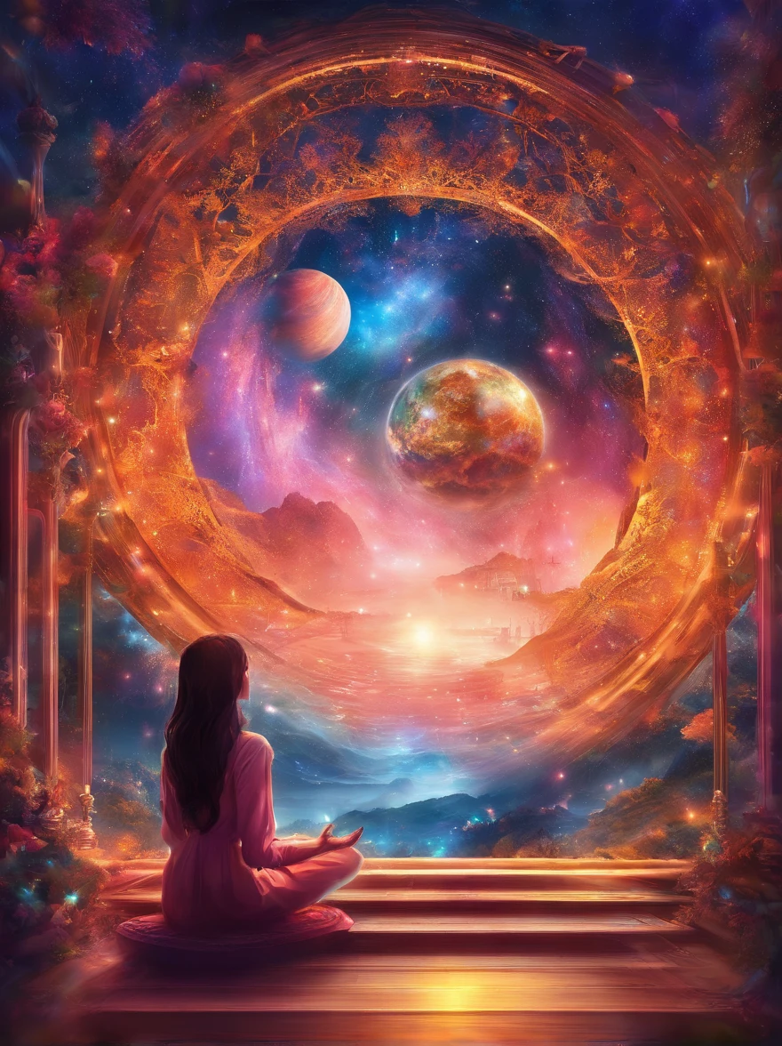 A girl meditates,Magical Earth,Witness the magic of the earth,Show the future education scene, Virtual classrooms are available, Wisdom Mentor, and the potential for interstellar learning. 8K