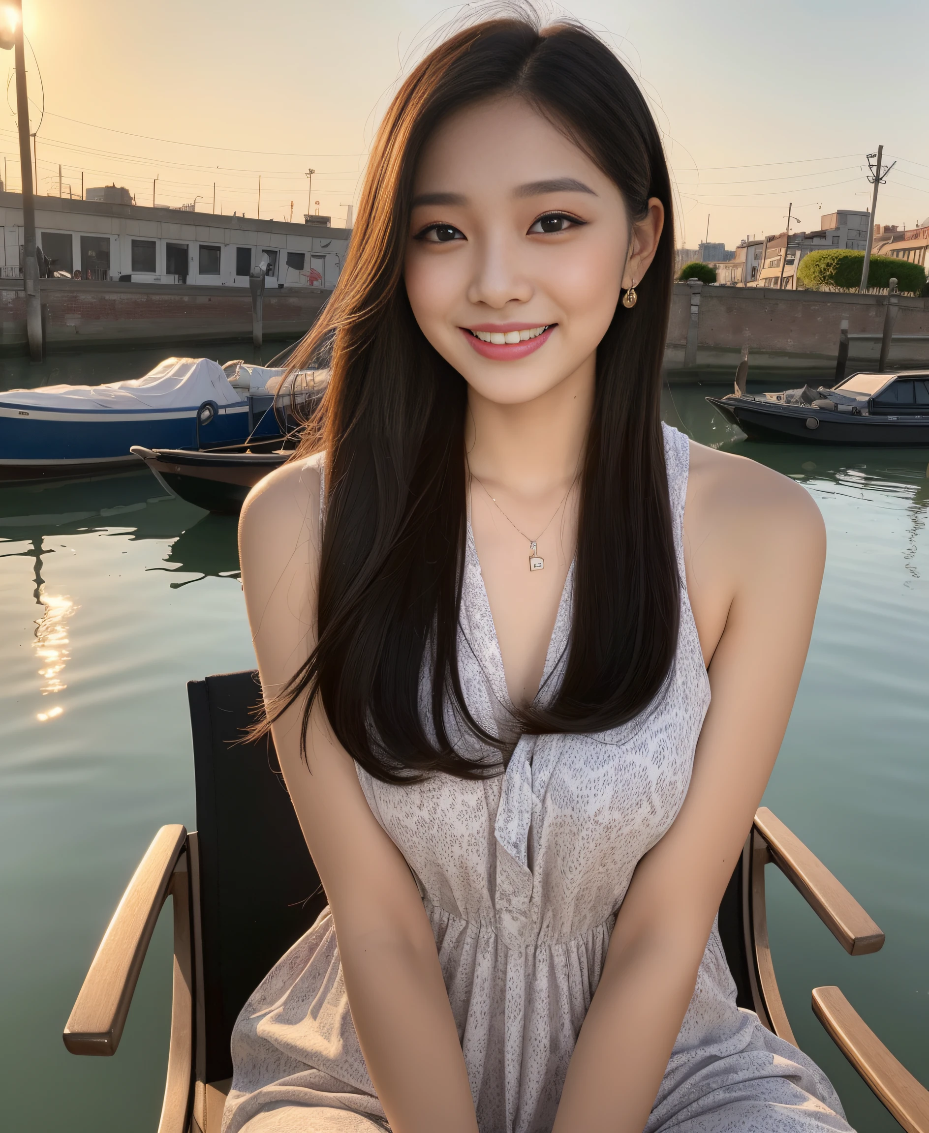 ((Top quality, 8K, Masterpiece: 1.3)), Beauty, Pure, Melon face, Kind and cute, Sweet smile, Pure desire, Slender body, (Front), (Tilted head), ((Looking at camera)) , wearing a patterned dress, black silky long hair, long shoulders, round black big eyes, clear big eyes, moist red lips, sweet, sitting on a chair, sunset, canal view background ,(((whole body))),
