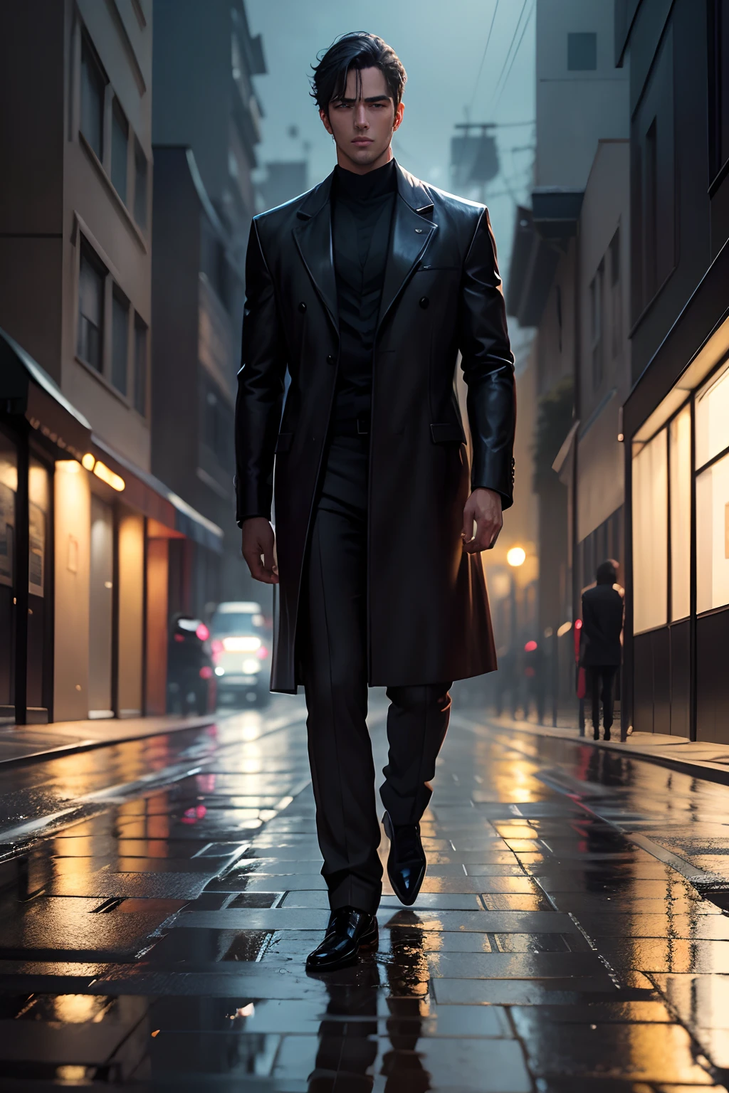 top-quality、Perfect anime illustration、Handsome man in a dark and wet street,Reflection of light in a puddle,Extreme close-up portrait of walking in the city