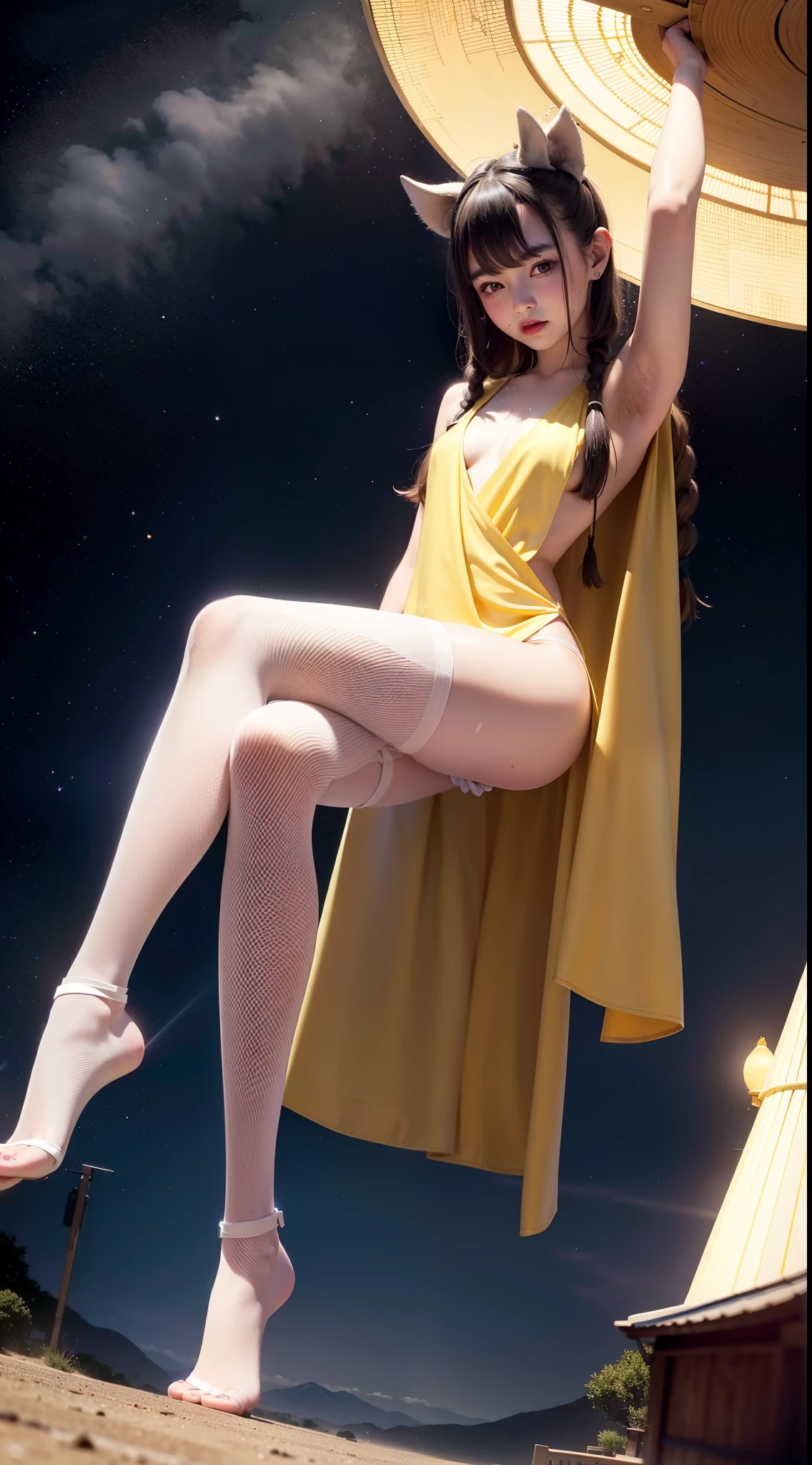 Top image quality、tmasterpiece、in style of norman rockwell、Lunar surface、beautiful fair-skinned girl、drenched all over the body,The clothes were all wet,Get wet with water,Wearing a light yellow wizard robe,The Witch,Broken clothes,The wizard's robe tightened his body,the space 、。.。.。.3D、The clothes are light yellow、Beautiful little face,Perfect facial features,a small face、Light makeup、Black hair on braids、mediuml breasts、Big buttocks、Sit Pose、Full body like、Her hands were tied with ribbons,hangs in the air、No shoes、Girls wear only socks,There are no shoes on the feet,Barefoot,Sexy slender legs、Wearing thin light yellow silk pantyhose,Spread your legs high,The legs are spread to the sides,Stretch your legs high to the audience,the rule of thirds、Ultra-wide angle low angle