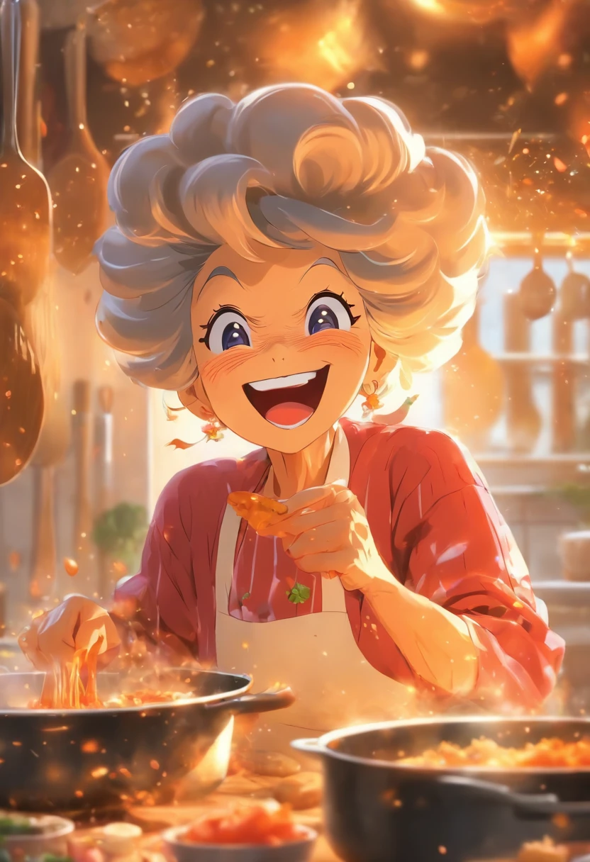 Grandma was cooking in the kitchen,Laugh happily,Enjoy the state of life