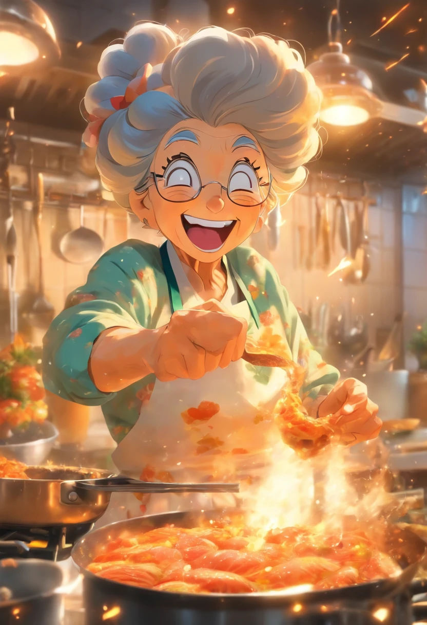 Grandma was cooking in the kitchen，Laugh happily，Enjoy the state of life