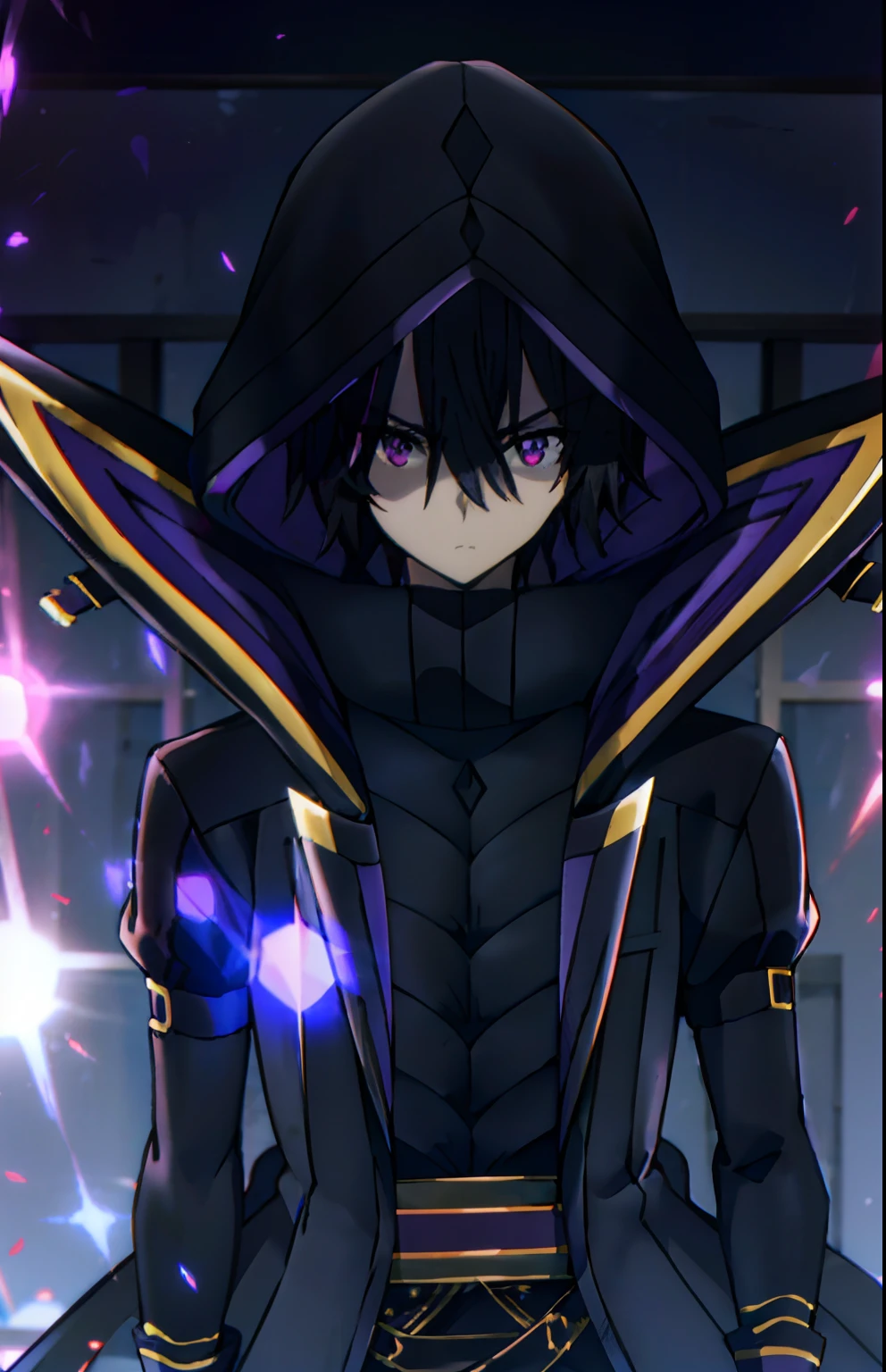 1man, ChopioKagenou, black robe, standing, center, upper body, manly, close-up, facing front, hyper detailed, high detail, laser backgrounds, purple aura