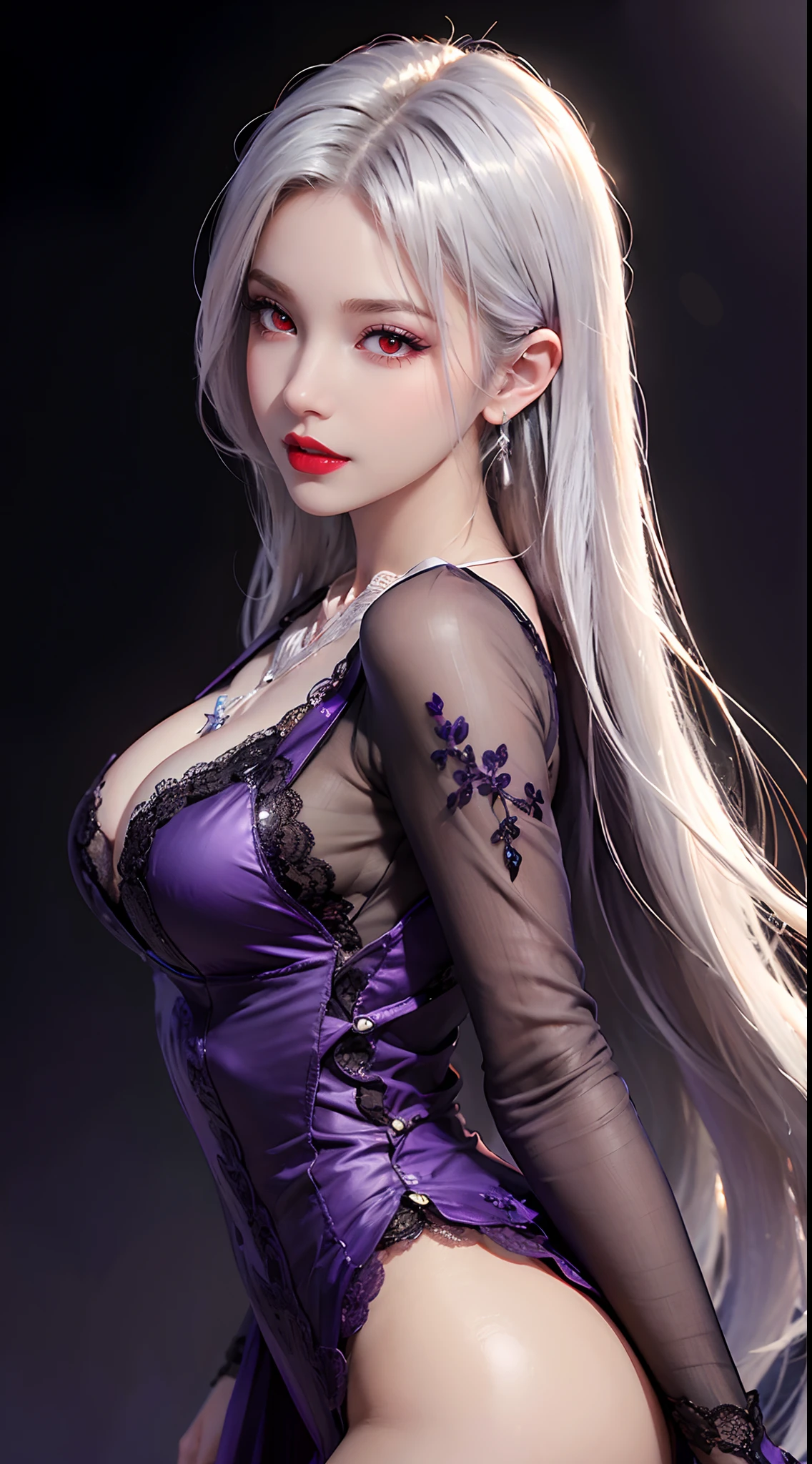 A beautiful and sexy 20-year-old girl, wearing an ultra-thin red dress, a diamond-embellished dress, ((long platinum hair:1.6)), bangs, elaborate jewelry made from precious stones, and beautiful hair, ((wearing a purple lace necklace:1.6))), the aristocratic and aristocratic style of the girl is extremely beautiful, the small face is super cute, the face is very pretty, the eyebrows are thin, the flawless beautiful face, ((black eye pupils: 0.8)), very beautiful eyes, ((light red eyes: 1.5)), beautiful makeup and detailed eyelashes, steamy eye makeup , high nose, earrings, red lips, ((closed mouth: 1;5 )) beautiful lips, slim hands, most beautiful thighs, ((arms spread out to the sides: 1.5)), rosy face, clean face , flawless beautiful face, smooth white skin, (big breasts: 1.5)), ((high breasts: 1.6)), Plump breasts, nice cleavage, ((big and super round breasts: 1.8))), ((super tight breasts: 1.5)) , beautiful breasts, back arms, beautiful girl's upper body, 8k photo, super high quality, super realistic, 10x super pixel, optical, dark studio, light border, two-tone light, (high detail skin:1.2), super 8k, soft light, high quality, volumetric lighting, realistic, Photo, high resolution, lighting, best photo, 4k quality, 8k, effects blur, Smooth and sharp, 10 x pixels, (galaxy: 1.7), aurora, lightning, surreal graphics, most realistic graphics, alone, solo, Extremely sharp, surreal images, ( ((frontal portrait:1.3)))."