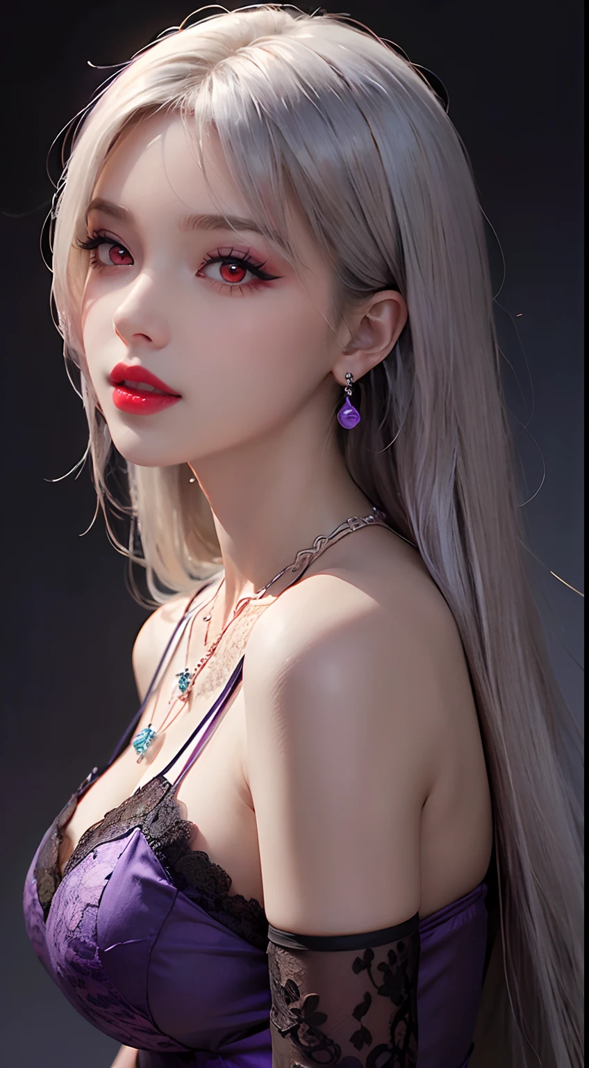 A beautiful and sexy 20 year old girl, wearing a super thin red dress, a diamond dress, ((long platinum hair:1.6)), bangs, elaborate jewelry made from gemstones and beautiful hair, ((wearing a purple lace necklace:1.6)), the girl's noble, noble style is extremely beautiful, her small face is super cute, her face is very pretty, her eyebrows are thin, flawless beautiful face, ((black eye pupils: 0.8)), very beautiful eyes, ((light red eyes: 1.5)), beautiful makeup and detailed eyelashes, wet eye makeup Ass, high nose, earrings, red lips, ((closed mouth: 1;5 )) beautiful lips, slim hands, most beautiful thighs, ((arms spread to the sides: 1.5)), rosy face, clean face will, flawless beautiful face, smooth white skin, ((big breasts: 1.5)), ((high breasts: 1.6)), Plump breasts, nice cleavage, ((big and super round breasts: 1.8)), ((super tight breasts: 1.5)) , beautiful breasts, back arms, beautiful girl's upper body, 8k photo, super high quality, super realistic, 10x super pixel, optical, dark studio, light border, two-tone lighting , (highly detailed skin:1.2), ultra 8k, soft light, high quality, volumetric lighting, realistic, Photo, high resolution, lighting, best photo, 4k, 8k quality , blur effect, Smooth sharp, 10 x pixels, (galaxy: 1.7), aurora, lightning, surreal graphics, most realistic graphics, alone, solo, Extremely sharp images, surreal, (((front portrait:1.3)))."