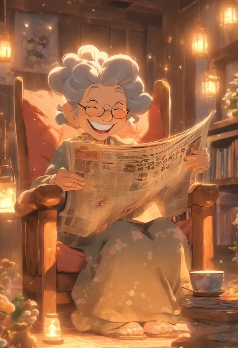 Grandma sits in a rocking chair reading the newspaper,Laugh happily,Scenes of happiness in later life