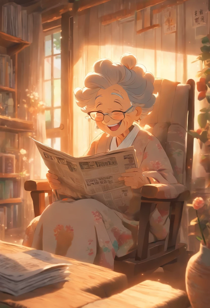 Grandma sits in a rocking chair reading the newspaper,Laugh happily,Scenes of happiness in later life