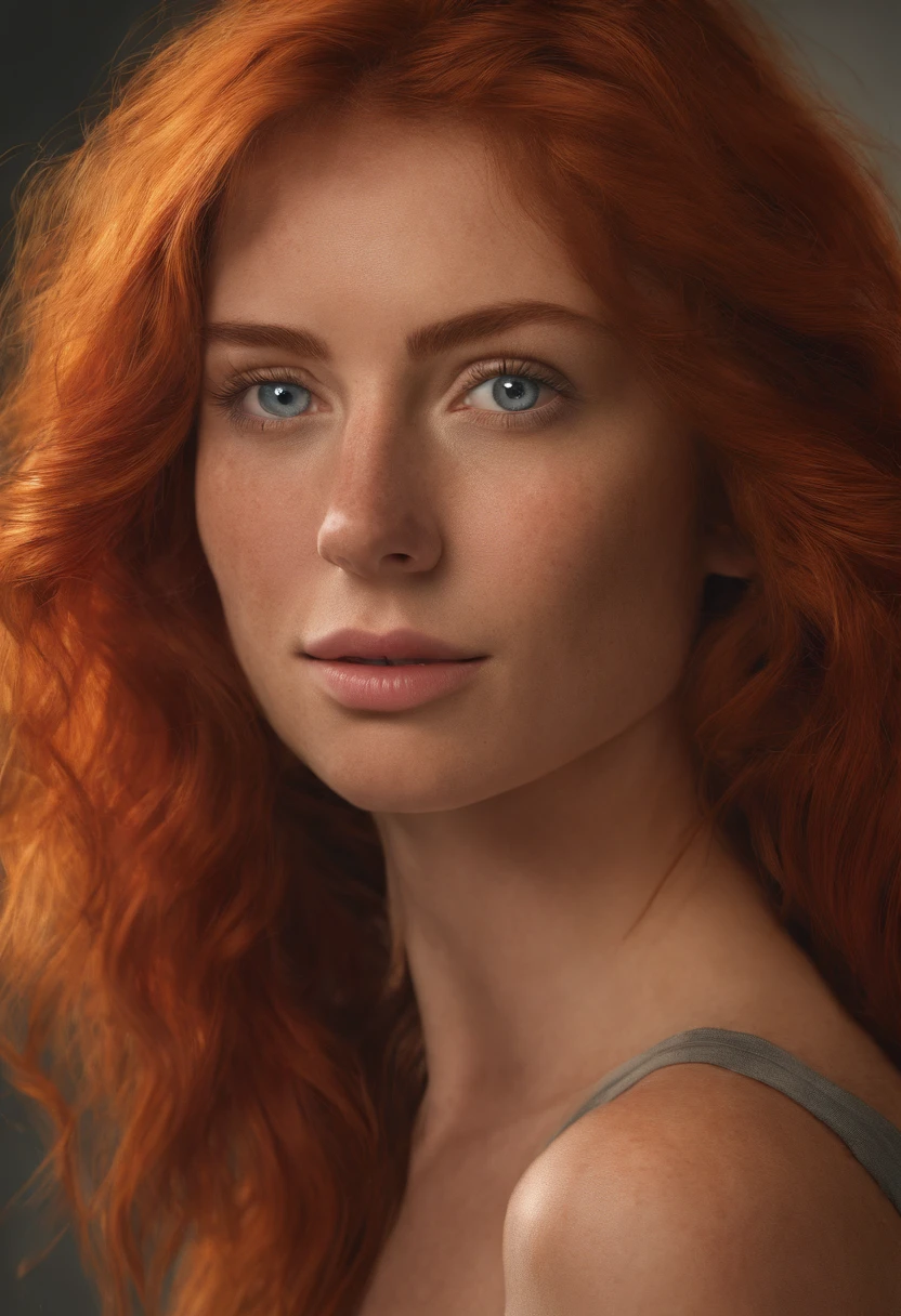 Super realistic image, high quality uhd 8K, of 1 girl, detailed realistic, redhead, long ginger hair, highly detailed realistic skin, (((face, chest and shoulder portrait))), real and vivid colors ultrarealistic