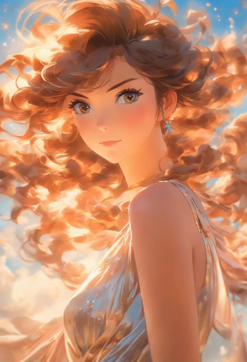 Painting of a woman with brown hair and sylk dress, glossy silk, beautiful art uhd 4 k, oil panting, outdoor,
garden,beautiful character painting, beautiful portrait oil painting, expressive beautiful painting,
expressive beautiful portrait, side light, blue sky