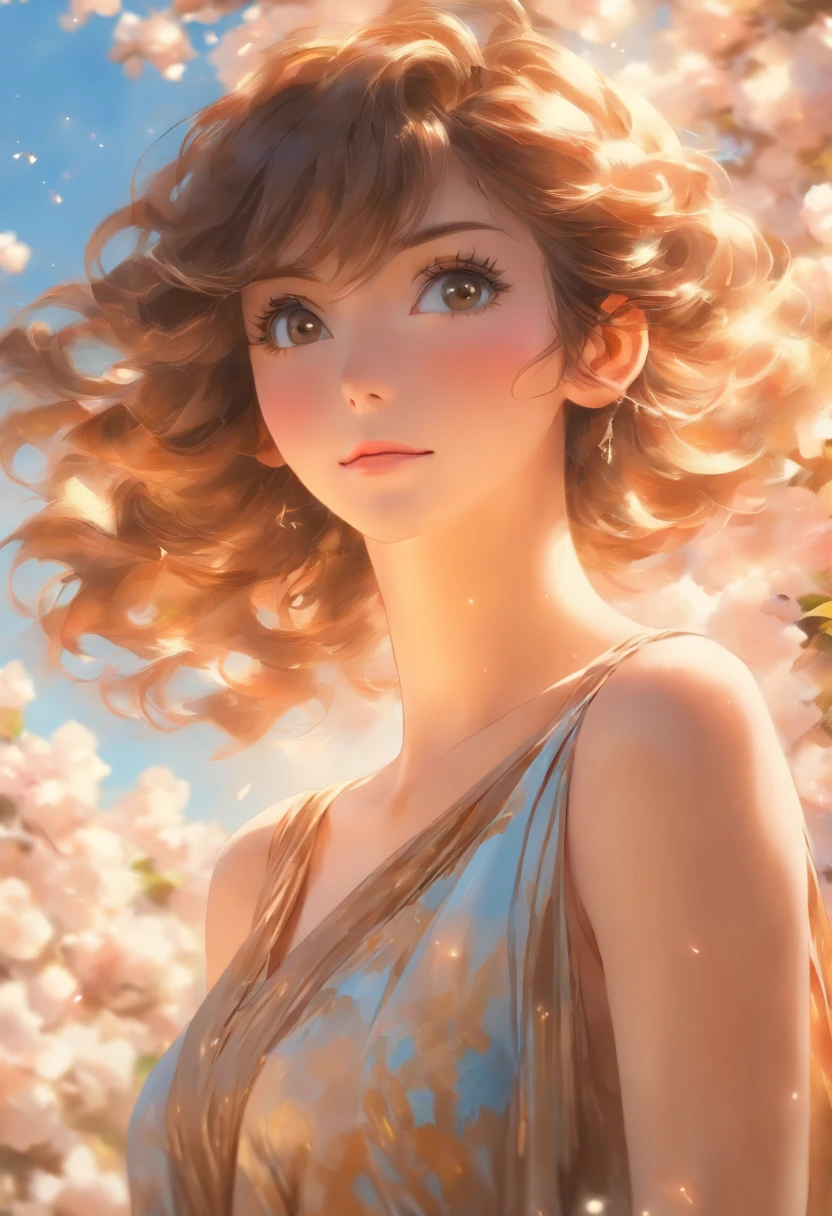 Painting of a woman with brown hair and sylk dress, glossy silk, beautiful art uhd 4 k, oil panting, outdoor,
garden,beautiful character painting, beautiful portrait oil painting, expressive beautiful painting,
expressive beautiful portrait, side light, blue sky