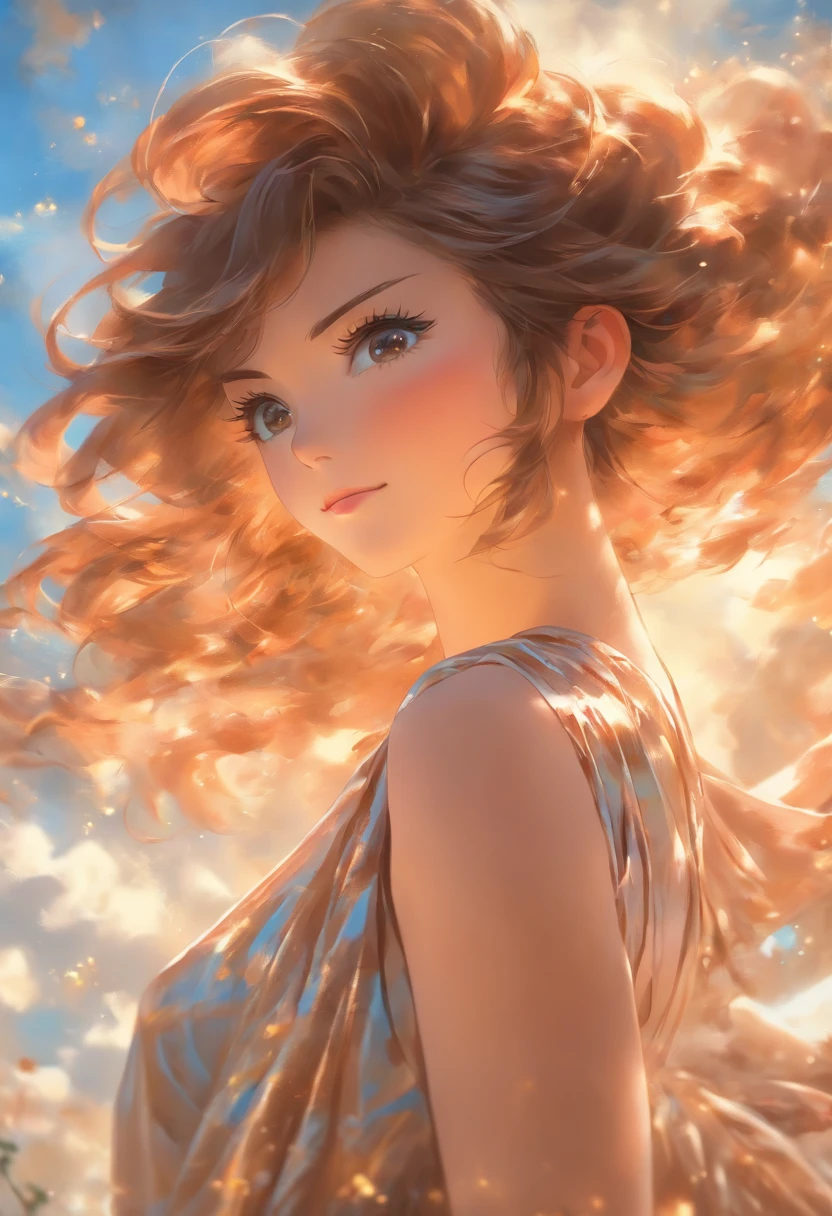 Painting of a woman with brown hair and sylk dress, glossy silk, beautiful art uhd 4 k, oil panting, outdoor, 
garden,beautiful character painting, beautiful portrait oil painting, expressive beautiful painting, 
expressive beautiful portrait, side light, blue sky