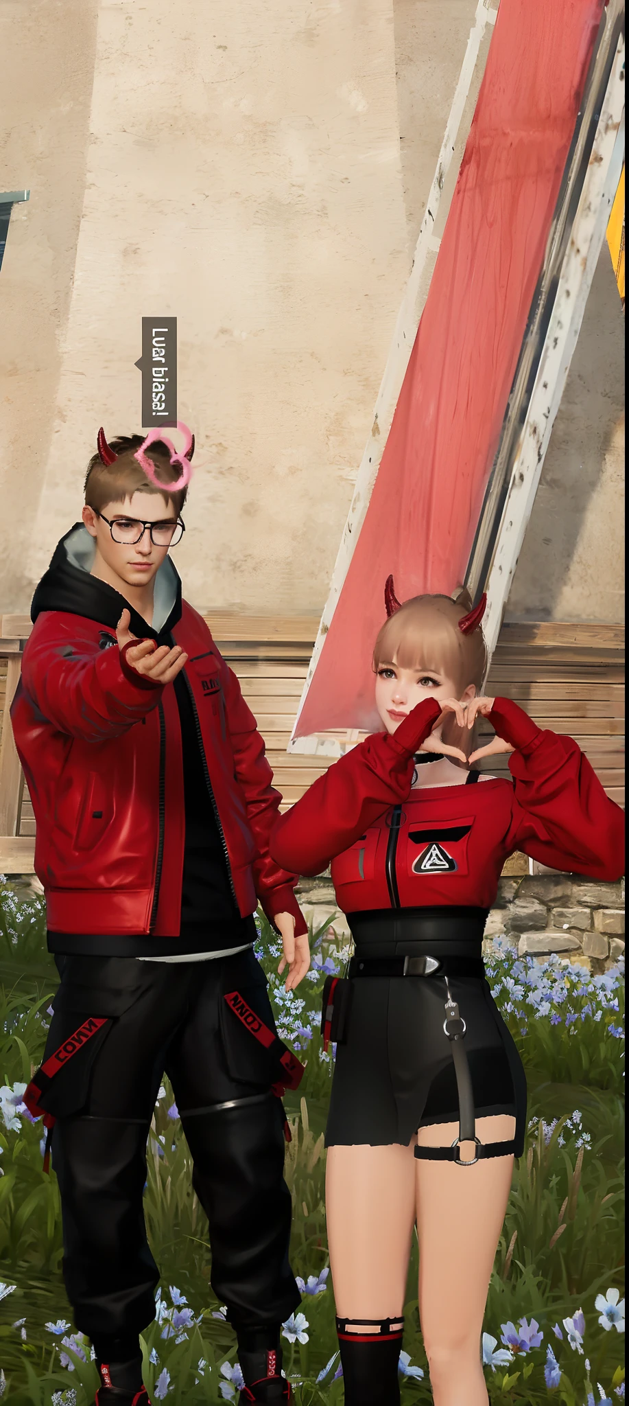 there are two people dressed in costumes standing in a field, nixeu and sakimichan, sakimichan and frank franzzeta, crimson clothes, kda and sam yang, wearing a scarlet hoodie, red hoods, royal attire akira, crimson themed, <mmorpgs scene, crimson attire, couple pose, wearing red attire, from ncsoft, red uniform