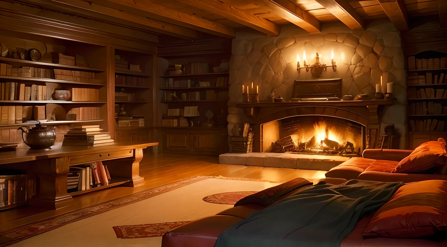 a cozy castle room, with fireplace with cozy bookshelf full of books, with a cozy coffee can and a coffee cup, with a pile of firewood