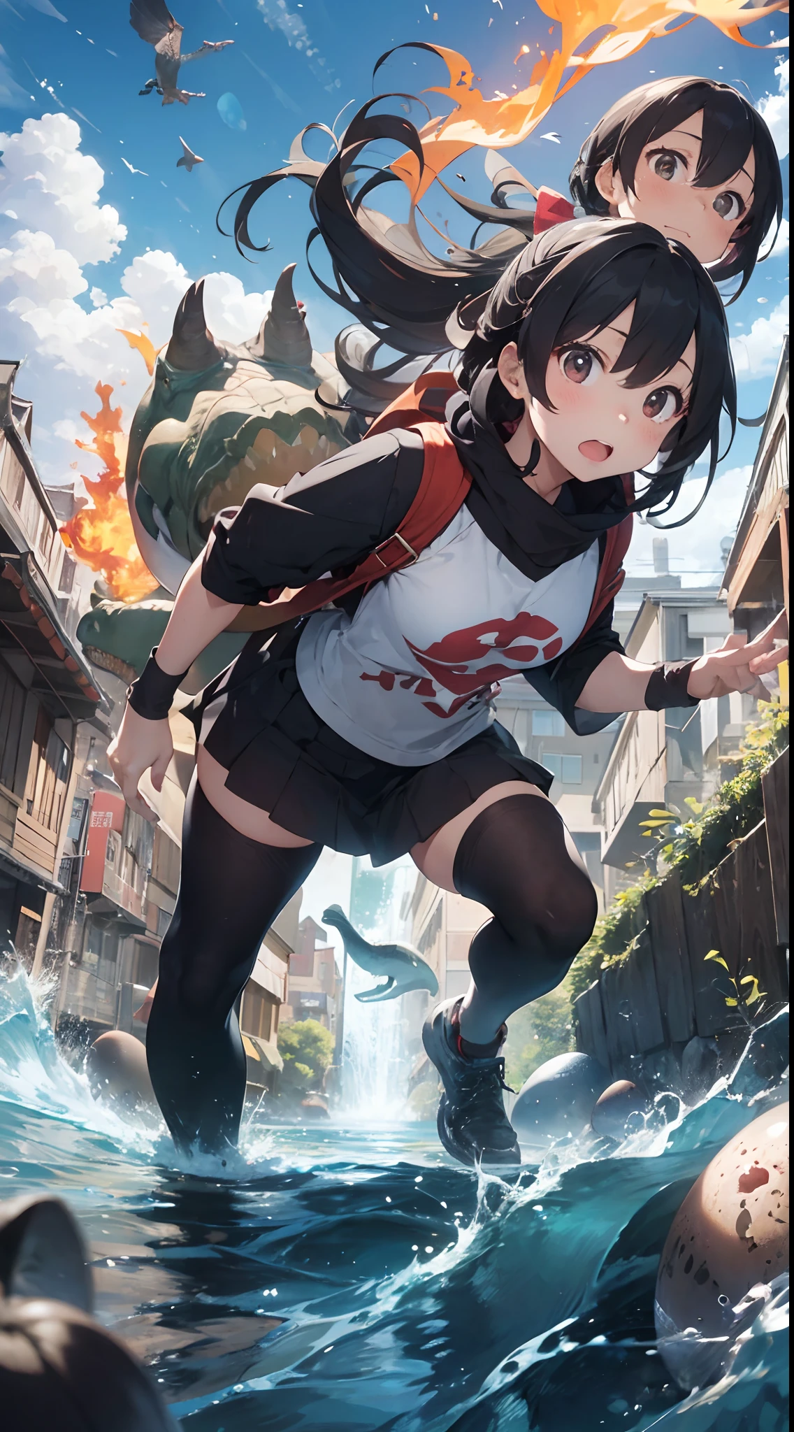 (presence:1.5)、(Dynamism:1.8)、girl with、独奏、s girl、boldness、Harboring a dinosaur egg、Hold、To study dinosaur eggs、A girl who came to an island where dinosaurs live、It's a story about embarking on a dangerous adventure。The girl is、From the nest of a giant tyrannosaurus、They try to steal one egg.、That's when the parent Tyrannosaurus appears.。The girl is、On the way to escape with the egg、I almost fell off a cliff。At that time、Flames erupt from the mouth of a Tyrannosaurus、The girl's hair and clothes begin to burn。The girl is、Although desperately resisting to protect the eggs、The power of a Tyrannosaurus is overwhelming。really、The girl safely brings the egg home