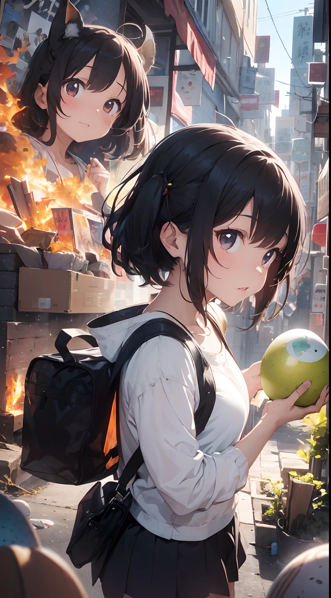 (presence:1.5)、(Dynamism:1.8)、girl with、独奏、teens girl、boldness、Harboring a dinosaur egg、Hold、To study dinosaur eggs、A girl who came to an island where dinosaurs live、It's a story about embarking on a dangerous adventure。The girl is、From the nest of a giant tyrannosaurus、They try to steal one egg.、That's when the parent Tyrannosaurus appears.。The girl is、On the way to escape with the egg、I almost fell off a cliff。At that time、Flames erupt from the mouth of a Tyrannosaurus、The girl's hair and clothes begin to burn。The girl is、Although desperately resisting to protect the eggs、The power of a Tyrannosaurus is overwhelming。really、The girl safely brings the egg home