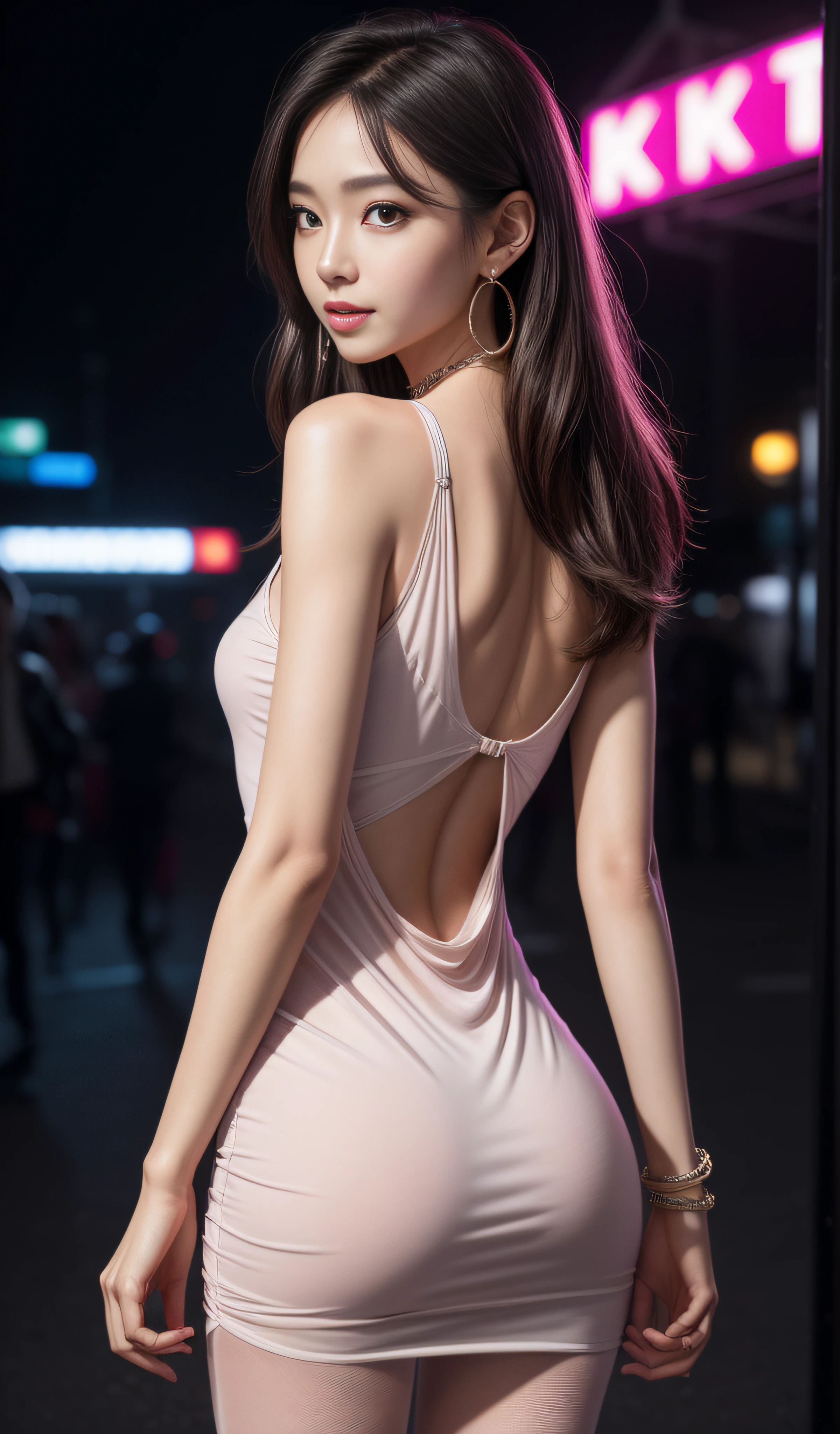 8K, Masterpiece, RAW photo, Best quality, detail:1.2),Photorealistic, Extremely detailed CG unifies 8K wallpapers, Depth of field, Cinematic light, Lens flare, Ray tracing, (Extremely beautiful face, Beautiful lips, Beautiful eyes), intricate detail face, ((ultra detailed skin)) 1girll, In the dark, deepshadow, Pretty Korean girl, Kpop idol,(Very slim and slender muscular body:1.3), ((view the viewer)),(Big smile), (Skinny mini mini dress),(Pink dress), (Injection sleeve) , (City Night, (neon lights sign), (Night), Pretty Korean girl, Earrings, bangle, necklace, Pantyhose, Clear eyes, Walking , (Pale skin), Face forward, (Big eyes), ((upperbody shots)), tightly dress, Silk dress , Turn Back, Back shot, Very slim, slander