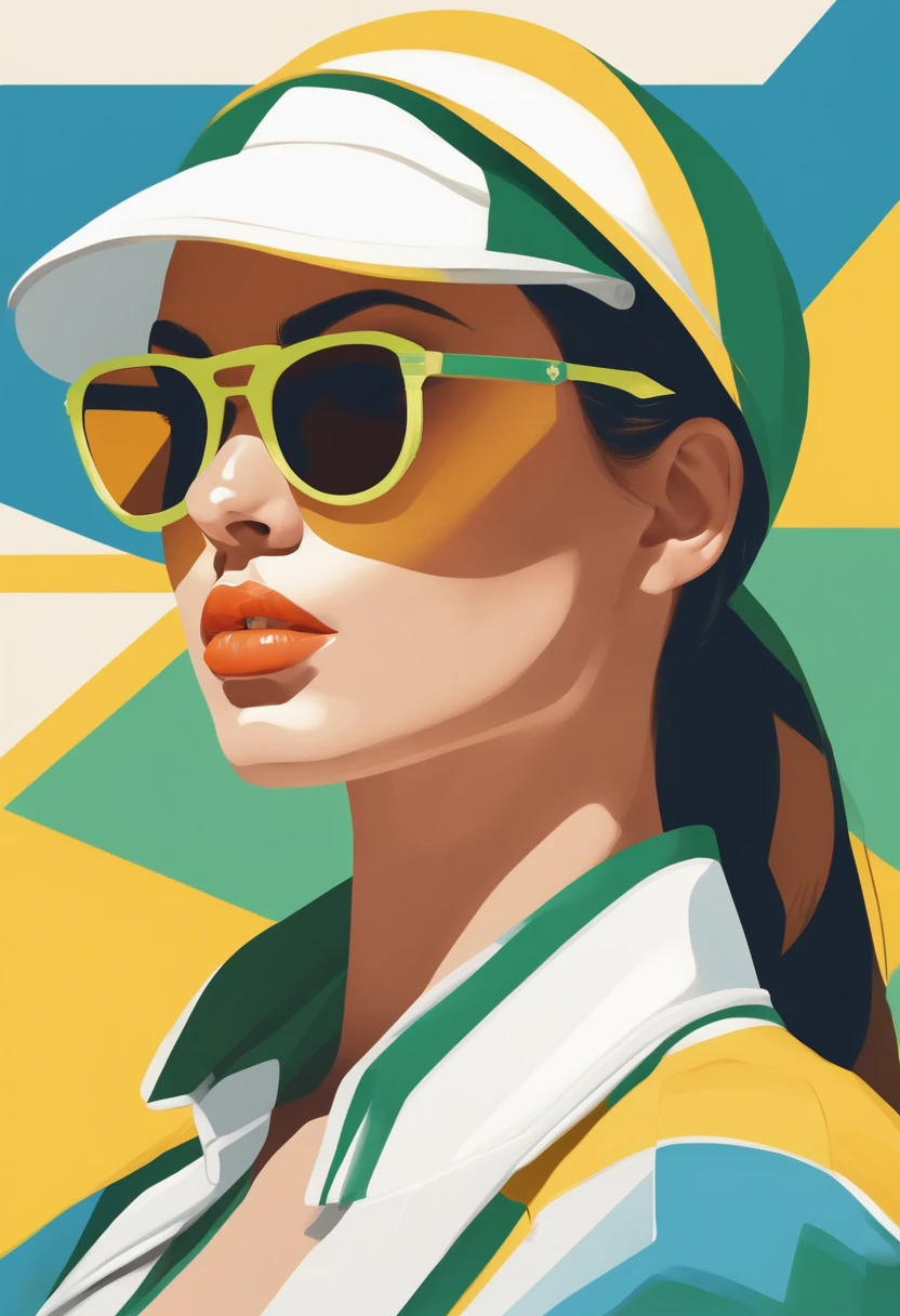 ortrait of a beautiful girl, {white,green,yellow} short hairwearing sunglasses, baseballcap, {blue,yellow} background, pure color, facial closeup, side view, geometricgraphics, minimalism, flat illustration,facial close-up