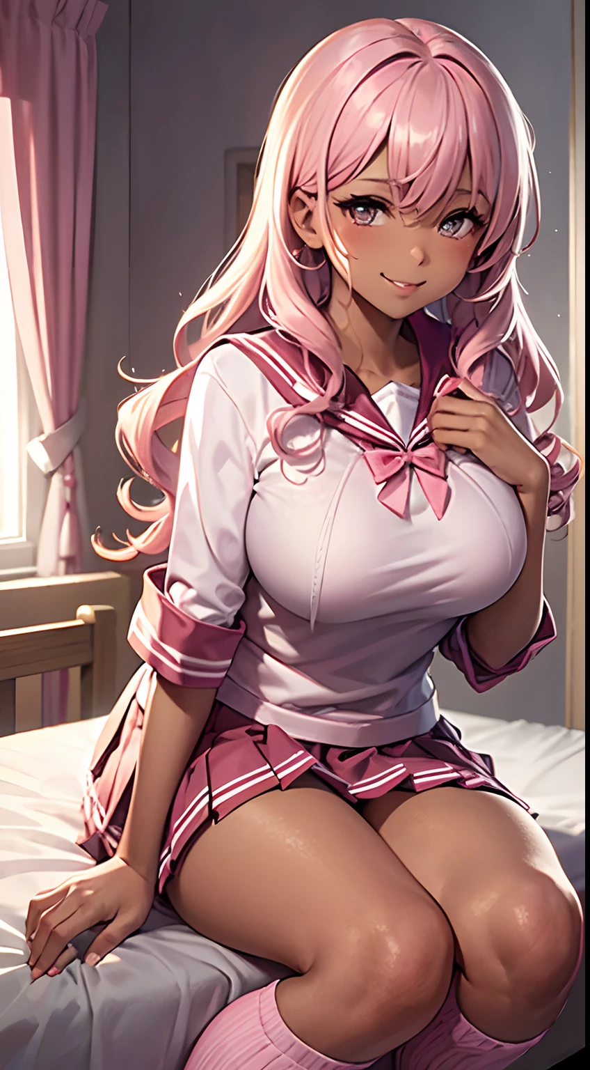 beautiful illustration、top-quality、 s、bedroom、A pink-haired、length hair、(((Pink pleated skirt)))、(((pink sailor suit)))、shortsleeves、huge tit、a navel、Flipping up the skirt with your hands、Show white panties、Pull up your skirt and show your panties、bare-legged、blue eyess、on the beds、lovely thighs、glowing thigh, wet , big boobs, huge ass