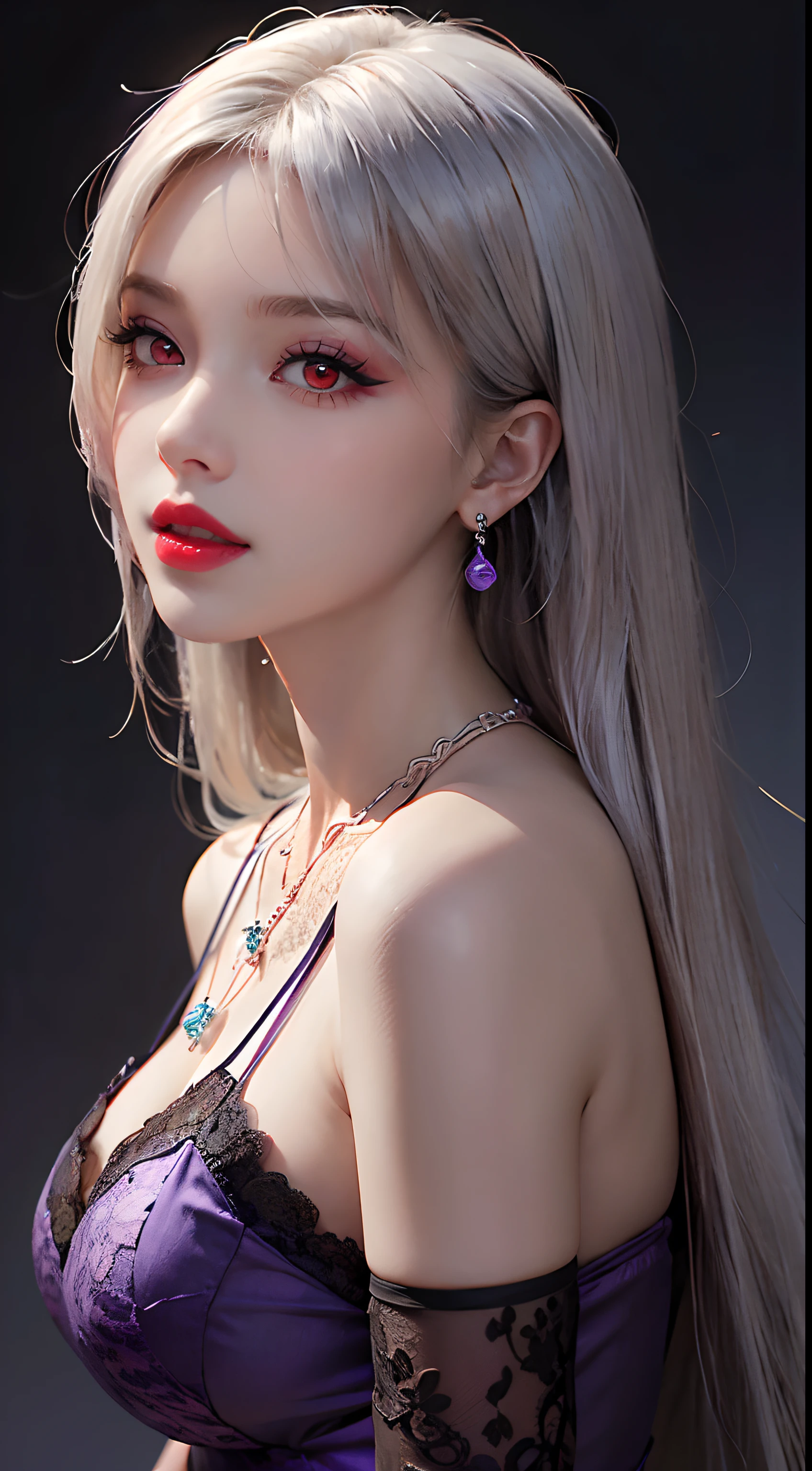 A beautiful and sexy 20 year old girl, wearing a super thin red dress, a diamond dress, ((long platinum hair:1.6)), bangs, elaborate jewelry made from gemstones and beautiful hair, ((wearing a purple lace necklace:1.6)), the girl's noble, noble style is extremely beautiful, her small face is super cute, her face is very pretty, her eyebrows are thin, flawless beautiful face, ((black eye pupils: 0.8)), very beautiful eyes, ((light red eyes: 1.5)), beautiful makeup and detailed eyelashes, wet eye makeup Ass, high nose, earrings, red lips, ((closed mouth: 1;5 )) beautiful lips, slim hands, most beautiful thighs, ((arms spread to the sides: 1.5)), rosy face, clean face will, flawless beautiful face, smooth white skin, ((big breasts: 1.5)), ((high breasts: 1.6)), Plump breasts, nice cleavage, ((big and super round breasts: 1.8)), ((super tight breasts: 1.5)) , beautiful breasts, back arms, beautiful girl's upper body, 8k photo, super high quality, super realistic, 10x super pixel, optical, dark studio, light border, two-tone lighting , (highly detailed skin:1.2), ultra 8k, soft light, high quality, volumetric lighting, realistic, Photo, high resolution, lighting, best photo, 4k, 8k quality , blur effect, Smooth sharp, 10 x pixels, (galaxy: 1.7), aurora, lightning, surreal graphics, most realistic graphics, alone, solo, Extremely sharp images, surreal, (((front portrait:1.3)))."