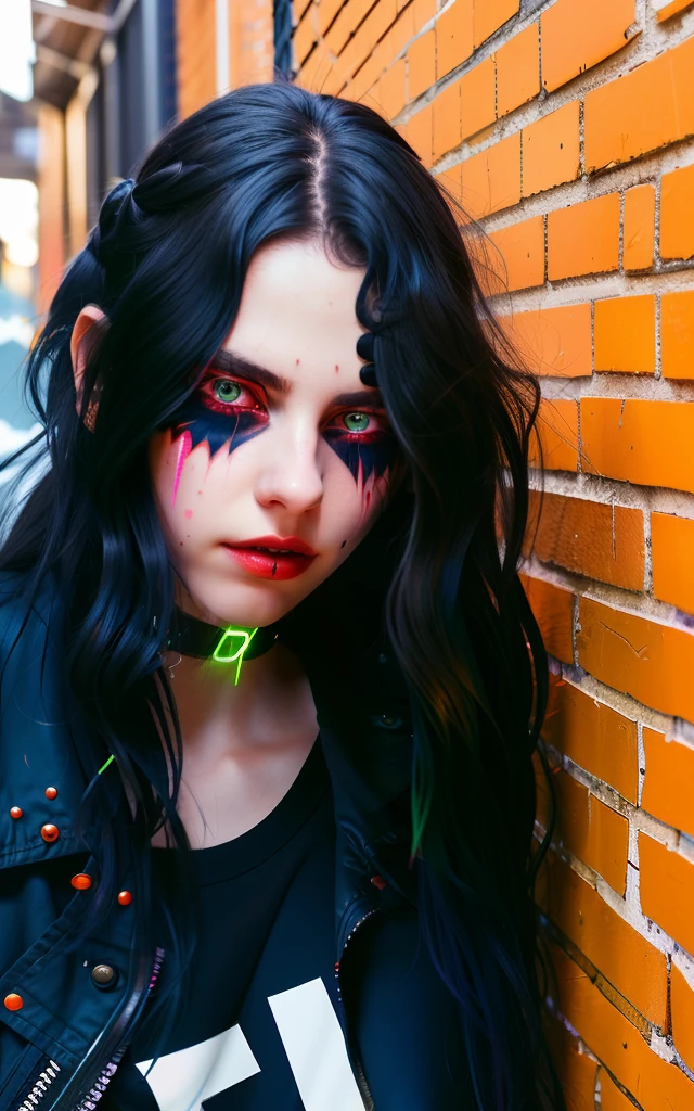 1girl, long hair, black hair, messy hair, red highlights, hair over one eye, red eyes, sharp eyes, choker, neon shirt, torn legwear, open jacket,
best quality, intricate details, chromatic aberration, dark studio, rim lighting, two tone lighting, sharp focus, dimly lit, low key,against wall, brick wall, graffiti, dim lighting, alley