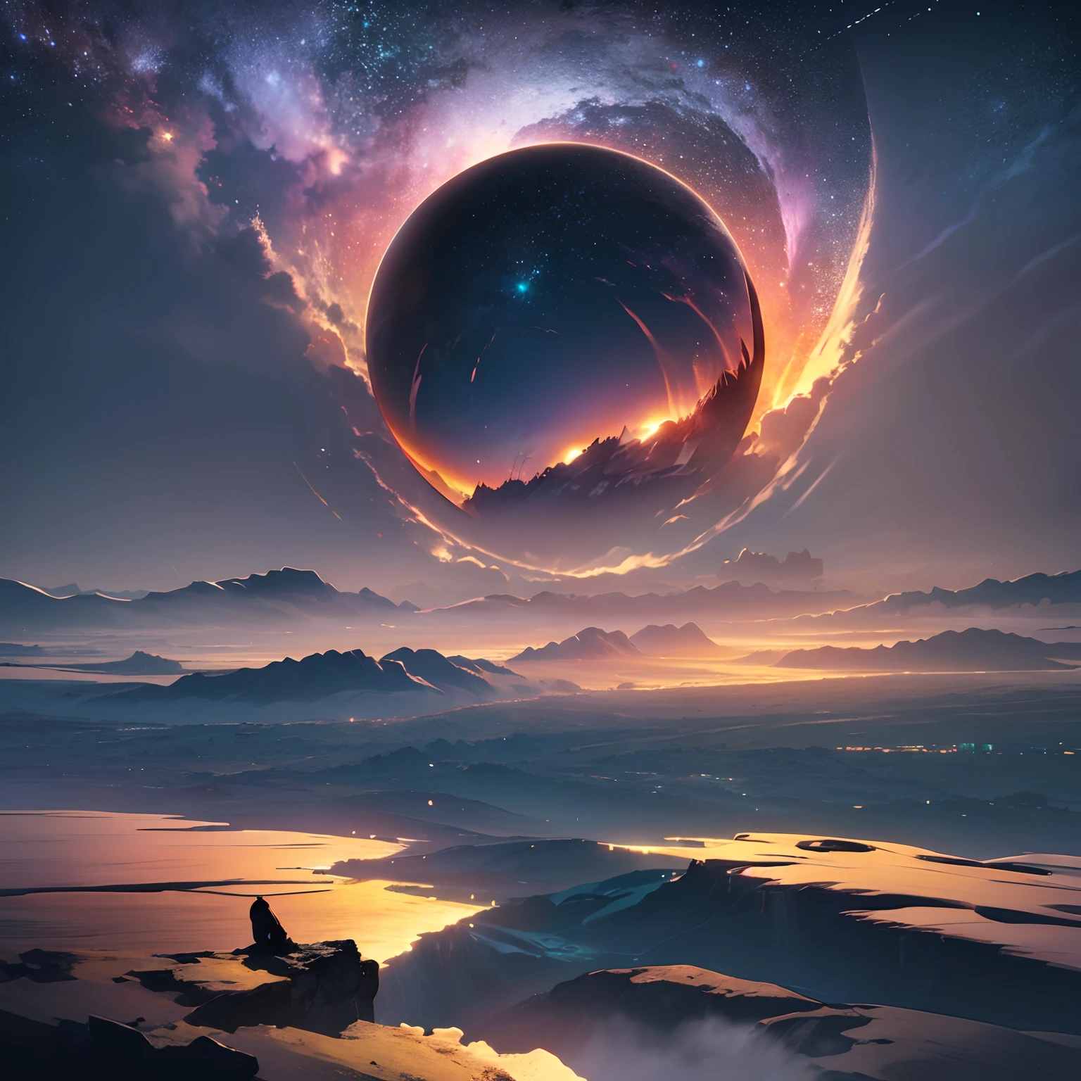 (best quality,4k,8k,highres,masterpiece:1.2),ultra-detailed,(realistic,photorealistic,photo-realistic:1.37),sitting on a hill,watching as the world ends,somber atmosphere,night sky,red horizon,comet streaks,beautiful scenery,dark clouds,distant mountains,lonely figure,pensive expression,peaceful silence,soft moonlight,gentle breeze,subtle shadows,colorful palette,dreamlike,vivid colors,soothing aesthetic,dramatic composition,tranquil ambiance,calm aura,thought-provoking,end of the world,vastness of the universe,contemplation,majestic vista,captivating stillness,a moment frozen in time,luminous Stars,serene horizon,vulnerable beauty,mystical aura,enchanted view,distant city lights,whispering secrets,touch of melancholy,pure solitude,cosmic spectacle,natural wonder,awe-inspiring,transcendental experience,astonishing sight,quiet introspection,eternal existence,sublime reality,harmony with nature,unfathomable mysteries,outworldly atmosphere,quiet contemplation,melting sun,glowing embers,mesmerizing sunset,colossal event,illuminating darkness,immersed in thoughts,melancholic whispers,mystical presence,otherworldly beauty,ephemeral splendor,dimmed world,everlasting memory,endless expanse