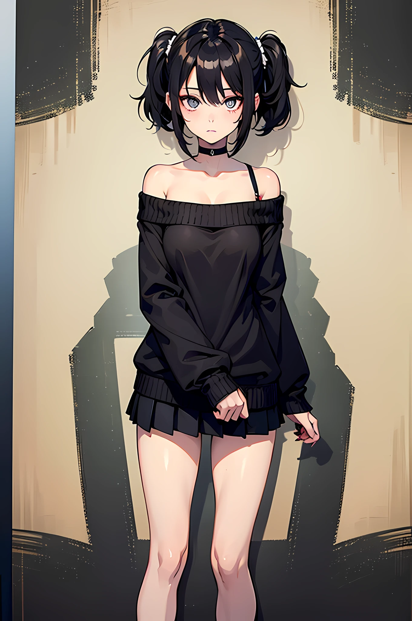 best quality,masterpiece,original,extremely detailed wallpaper,anime style,looking at viewer,1girl,solo,black hair,hair under eyes,short hair,messy hair,twintails,black off-shoulder_sweater,black detached_sleeves,black short skirt,standing,