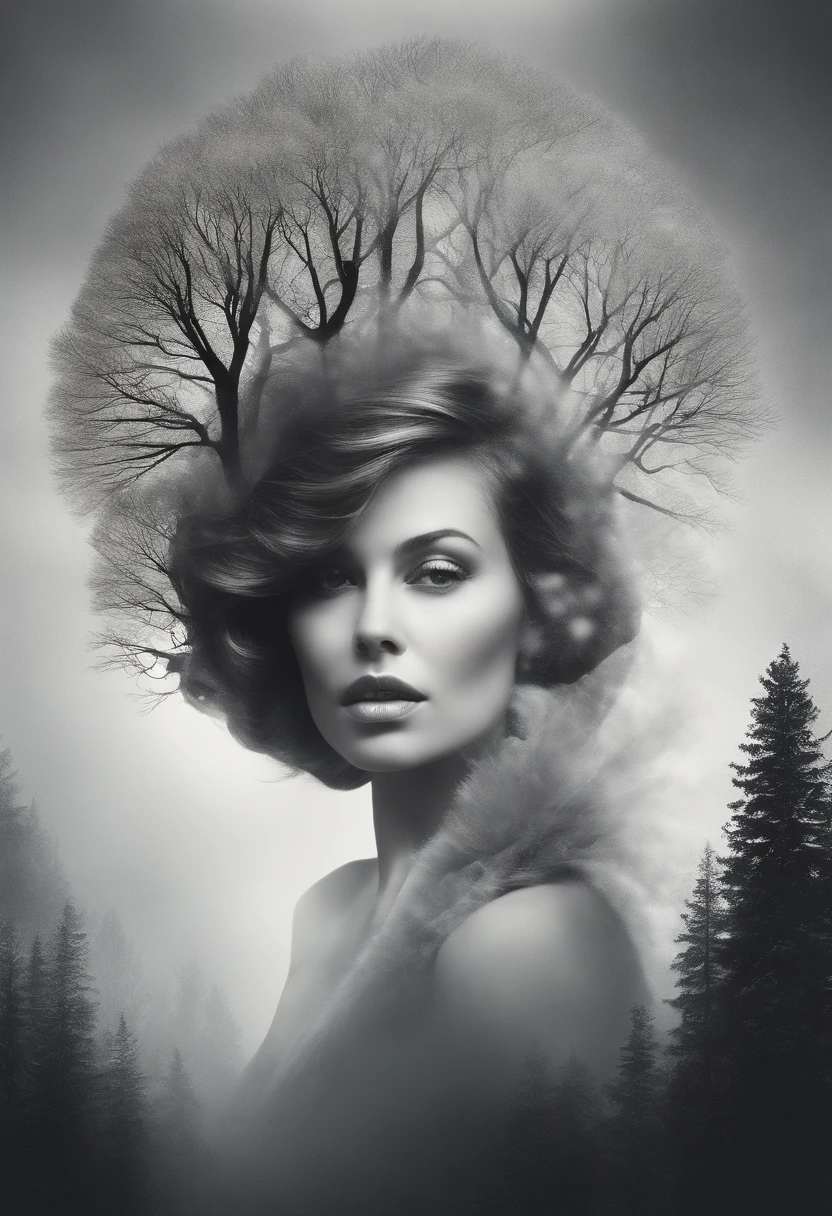 The black and white photograph features a nude forest fairy on lying on a gracefully curving tree trunk in a serene forest setting. The fairys pose is relaxed, with legs extended and feet crossed, one hand resting on the trunk for support. Their head is tilted back slightly, revealing short, tousled blonde hair, which contrasts with the rough, textured bark of the tree. The background is a blur of trees and foliage, adding depth to the image while keeping the focus on the subject and the natural curve of the tree. The composition emphasizes the harmony between the human form and nature, creating a scene that is both tranquil and evocative. The interplay of light and shadow further enhances the mood, highlighting the contours of the figure and the intricate details of the tree's surface.