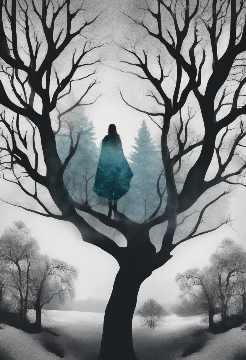 yazmin, Craft a mesmerizing double exposure photoillustration that masterfully merges the worlds of humans and winter trees In this artwork, draw inspiration from the distinctive styles of both Dan Mountford and Dan Hillier, ensuring the final piece showcases the imaginative essence of each artist.Utilize pastel and monochrome colors to bring out the dynamic energy of the scene. Envision the fren and moss The negative space in the composition should contribute to the overall balance, emphasizing the depth and layers of the artwork.The primary focus of the composition should be the seamless fusion of a yazmin with grey hair and grey eyes and roots