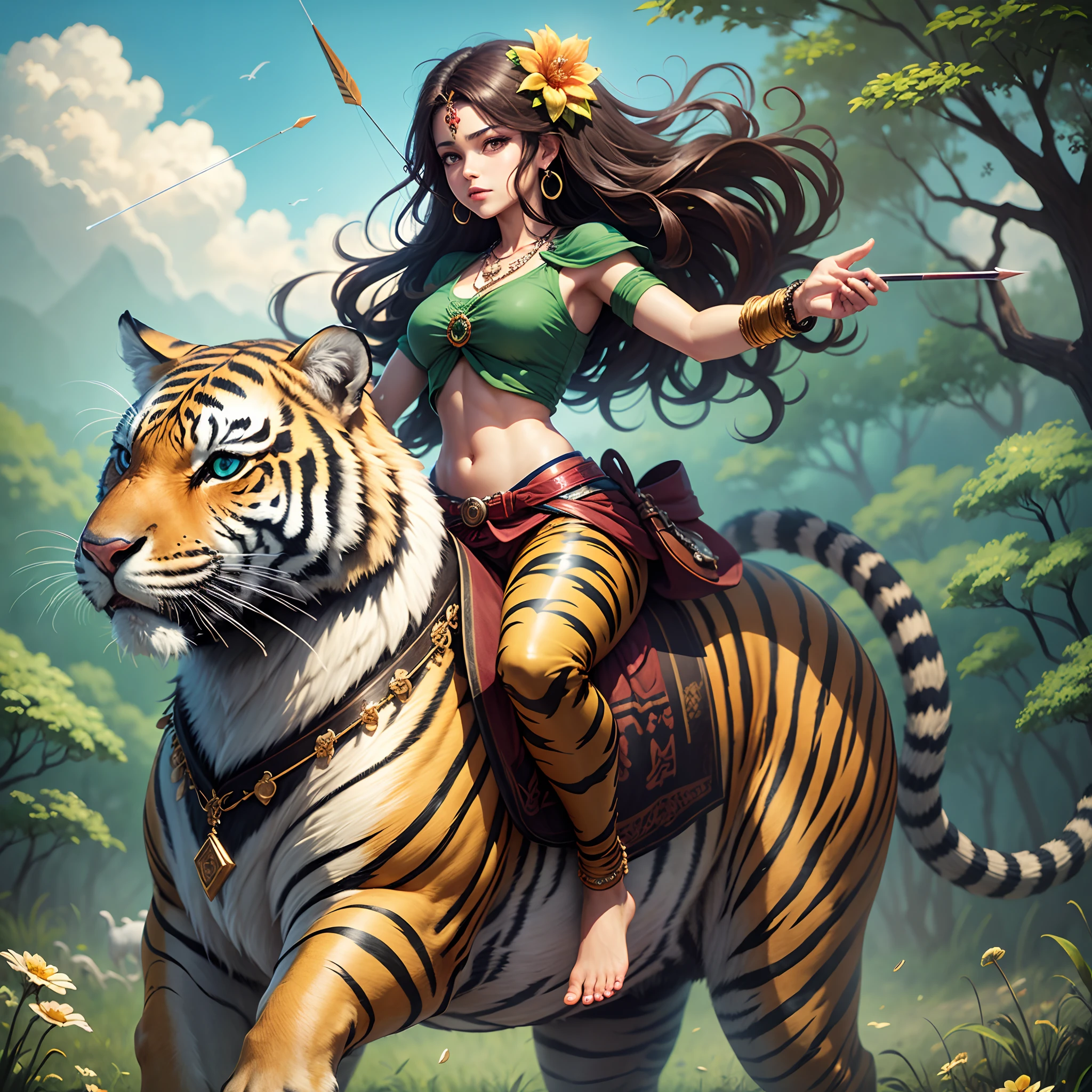 goddess riding on a tiger, brown hair, Latin , weapon, flower, earrings, outdoors, barefoot, pants, necklace, bracelet, tree, grass, nature, bow (weapon), arrow (projectile) hindu lord siva,vishnu hindu culture ,anime - --auto --s2