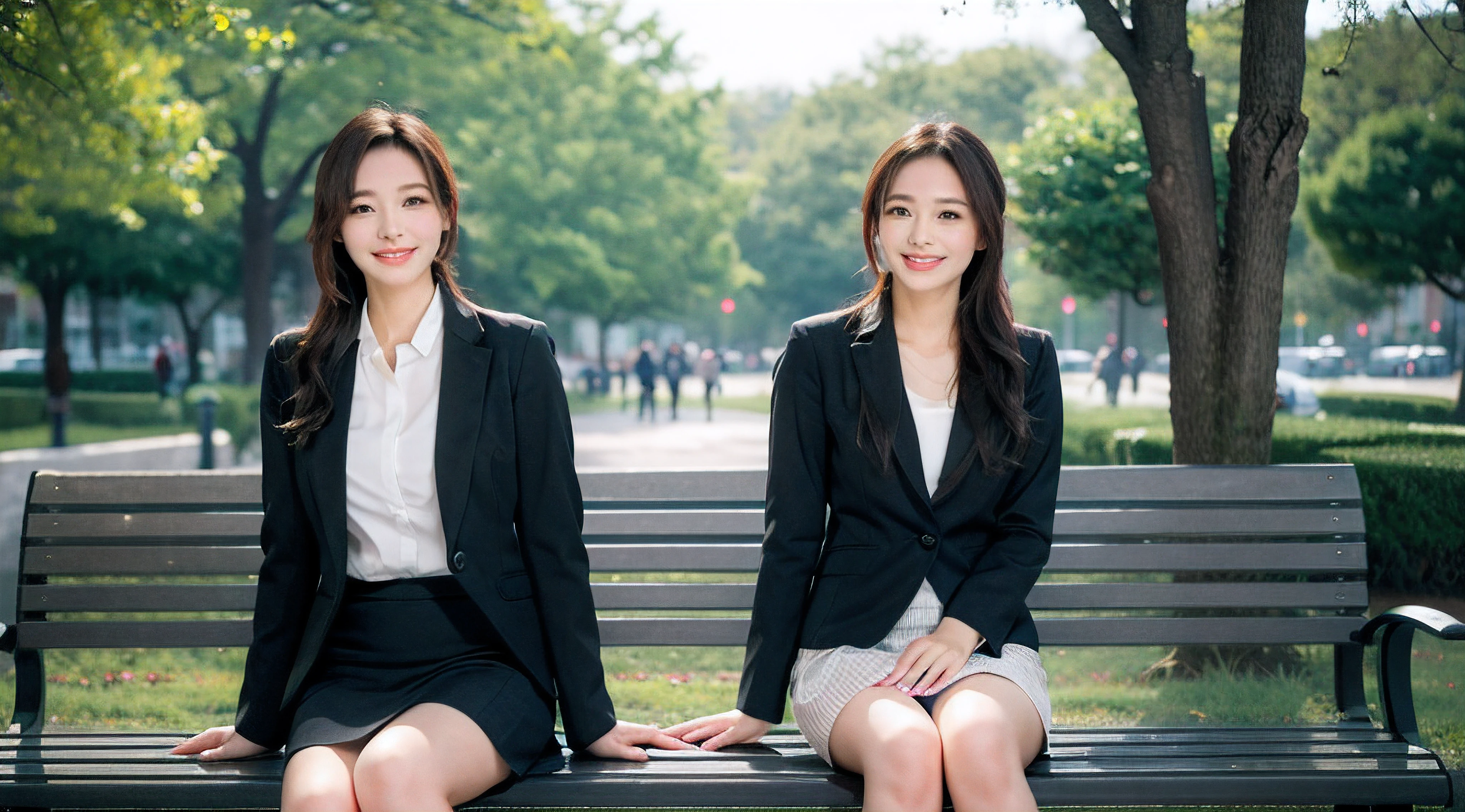 a park、Sitting on a bench、Beautiful woman　、　business sui、Black jacket、White button shirt、tight skirts、a picture、A detailed face、Detailed lips、A detailed eye、a smile