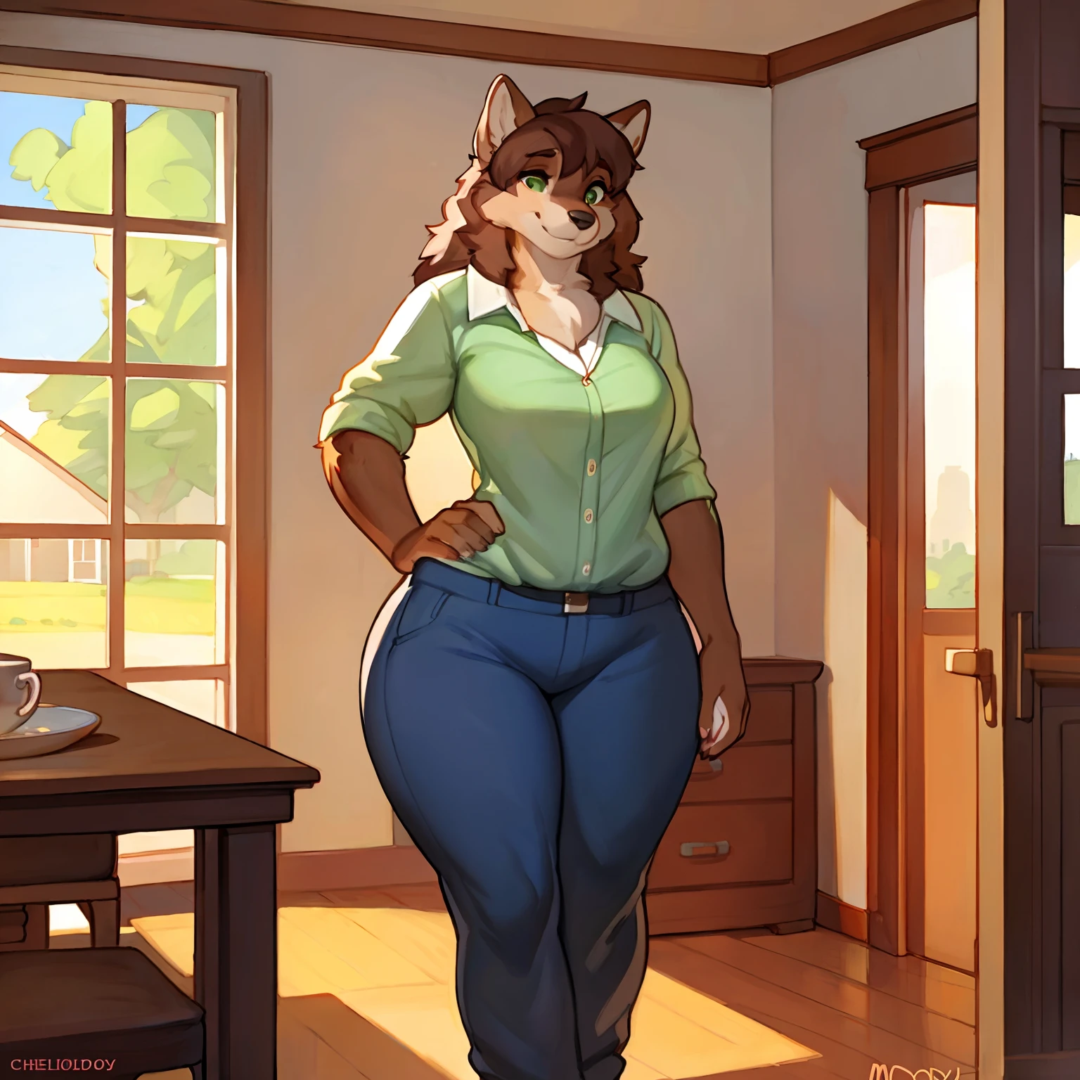 By chelodoy, by zaush, by bebebebebe, by spuydjeks, by meesh, by bigcozyorca, solo, plump, slightly muscular, mature body, timberwolf, female, brown furry body, brown hair, motherly hair, wide hips, thick thighs, green eyes, milf, fluffy, blouse, capris pants, Masterpiece, best quality, absurd res, highly detailed, cleanly drawn eyes, anthro only, motherly smile, house.