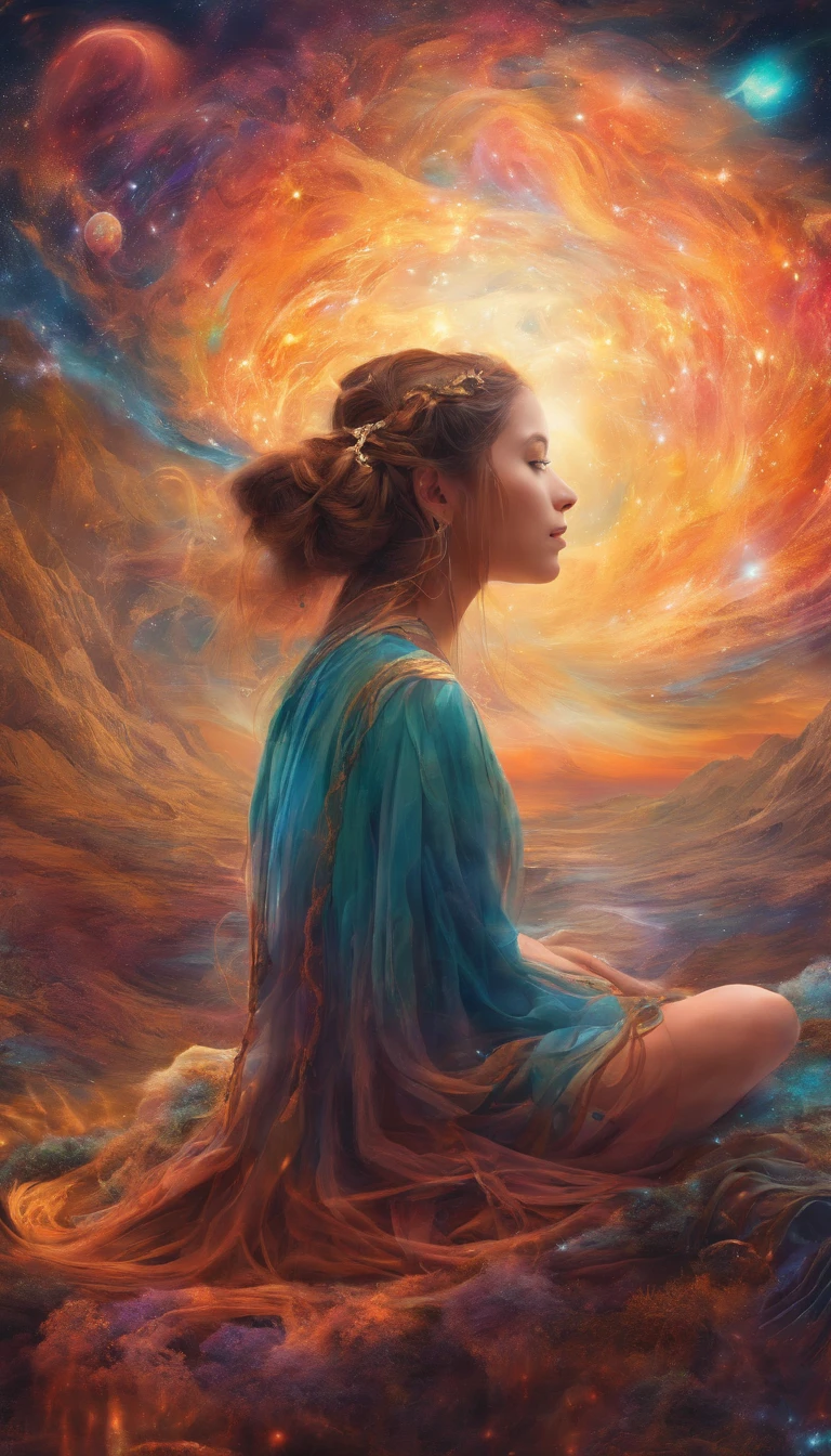 A girl meditates,Close your eyes,Three-dimensional world,planet earth, and the potential for interstellar learning. 8K