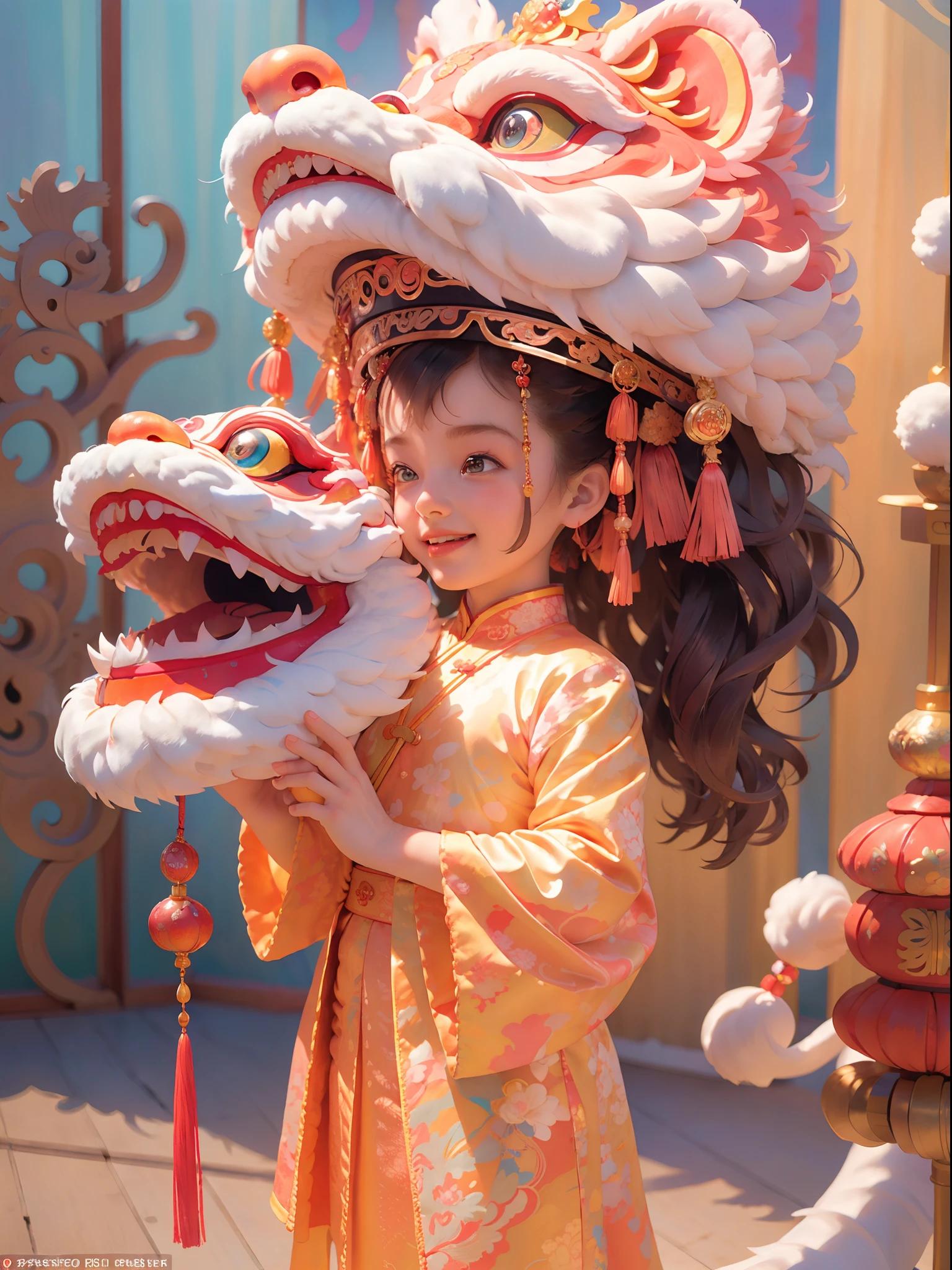 Best quality, ray tracing, rainbow reflection, bright colors, authentic, super detailed, 8K, intricately elegant, fantastical, detailed, designed by Greg Rutkowski and Alphonse Mucha, all-round lighting, A boy, toddler, cute, laughing, red lantern, chinese year, indoor, chinese clothes, chinese style, red, lion dance