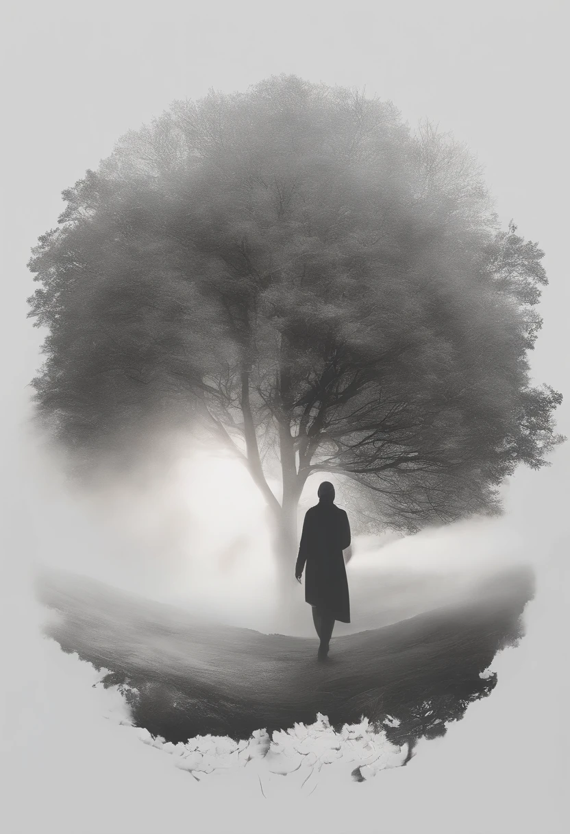 yazmin, Craft a mesmerizing double exposure photoillustration that masterfully merges the worlds of humans and winter trees In this artwork, draw inspiration from the distinctive styles of both Dan Mountford and Dan Hillier, ensuring the final piece showcases the imaginative essence of each artist.Utilize pastel and monochrome colors to bring out the dynamic energy of the scene. Envision the fren and moss The negative space in the composition should contribute to the overall balance, emphasizing the depth and layers of the artwork.The primary focus of the composition should be the seamless fusion of a yazmin with grey hair and grey eyes and roots