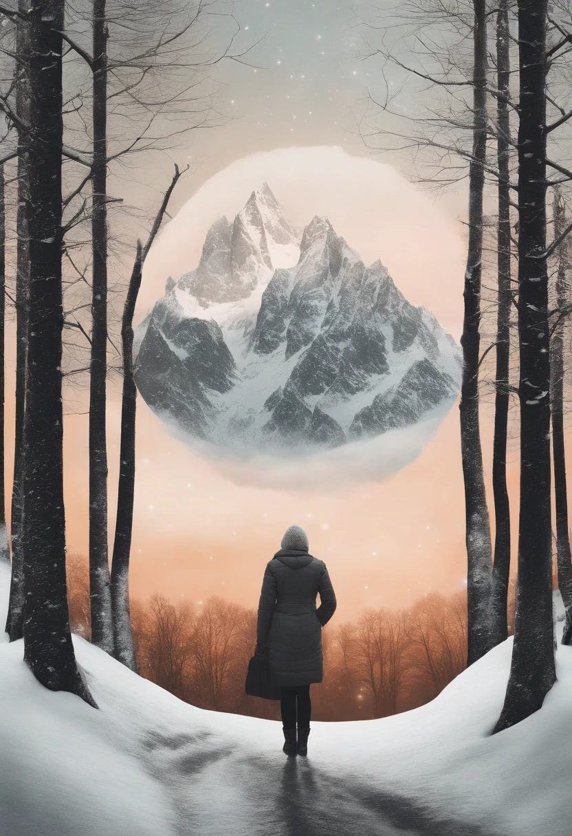 yazmin, Craft a mesmerizing double exposure photoillustration that masterfully merges the worlds of humans and winter trees In this artwork, draw inspiration from the distinctive styles of both Dan Mountford and Dan Hillier, ensuring the final piece showcases the imaginative essence of each artist.Utilize pastel and monochrome colors to bring out the dynamic energy of the scene. Envision the fren and moss The negative space in the composition should contribute to the overall balance, emphasizing the depth and layers of the artwork.The primary focus of the composition should be the seamless fusion of a yazmin with grey hair and grey eyes and roots