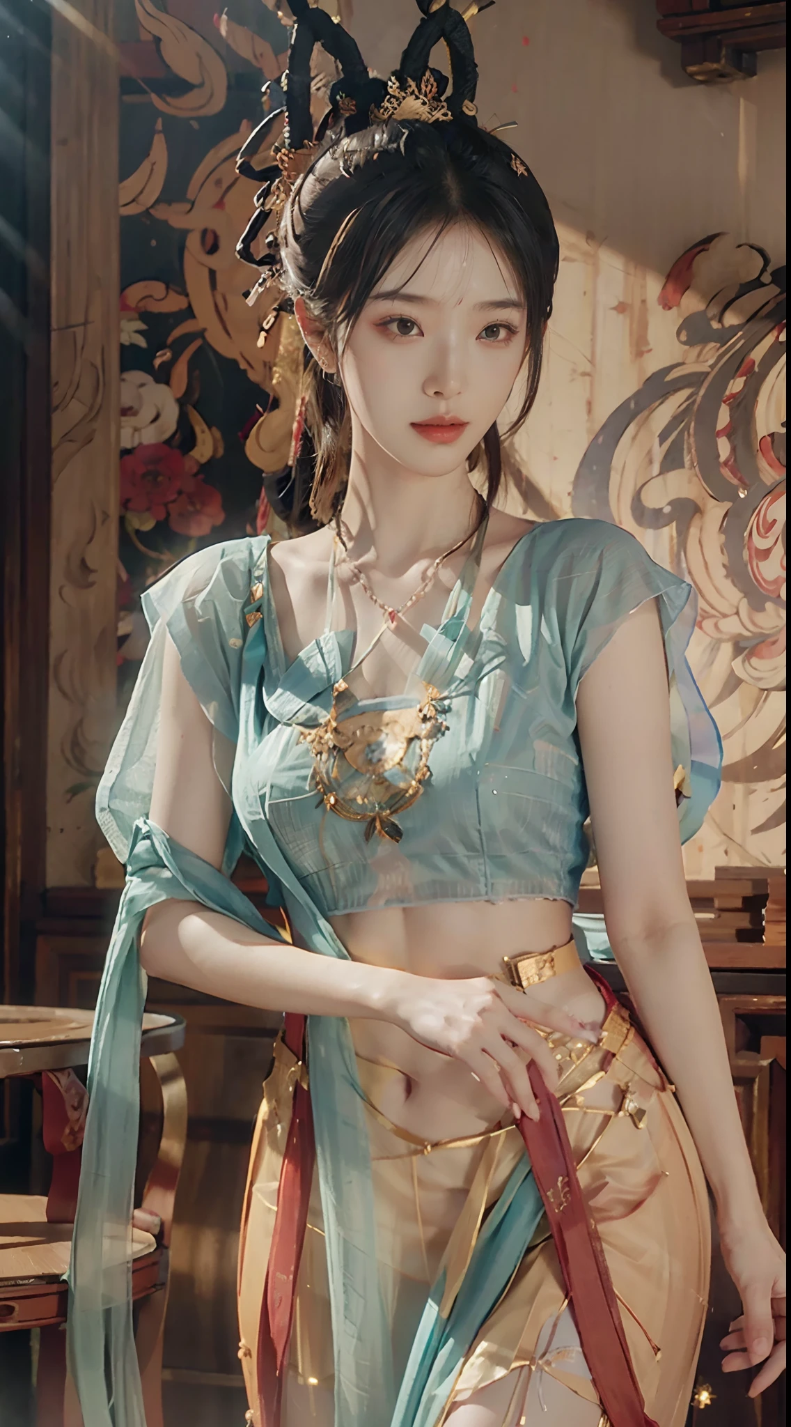 tmasterpiece, Best quality at best, 1girll, from below, underboobs, mediuml breasts, denim short, Crop tops, brunette color hair, 黑The eye,Chinese woman,Bottom-up perspective,near bed,rays of sunshine