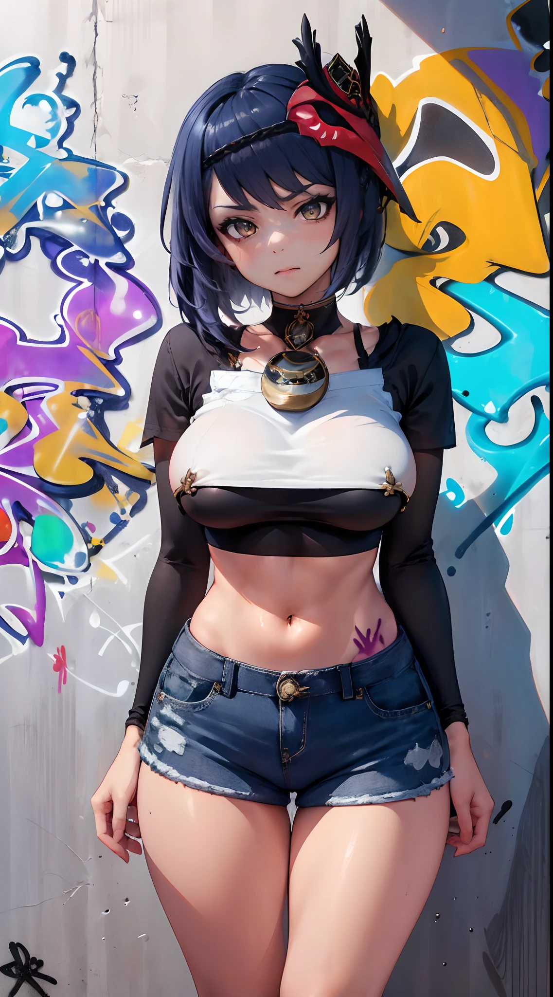 Kujou Sara Genshin Effect, masterpiece, bestquality, 1girls, mediuml breasts, bara, crop top, shorts jeans, choker, (Graffiti:1.5), Splash with purple lightning pattern., arm behind back, against wall, View viewers from the front., Thigh strap, Head tilt, bored, Ponytail, water eyes,