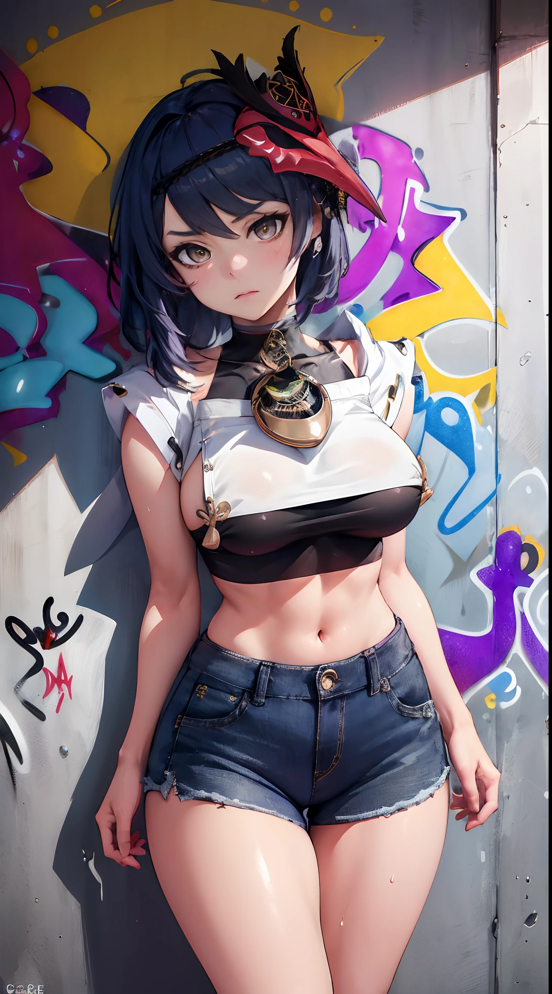 Kujou Sara Genshin Effect, masterpiece, bestquality, 1girls, mediuml breasts, bara, crop top, shorts jeans, choker, (Graffiti:1.5), Splash with purple lightning pattern., arm behind back, against wall, View viewers from the front., Thigh strap, Head tilt, bored, Ponytail, water eyes,