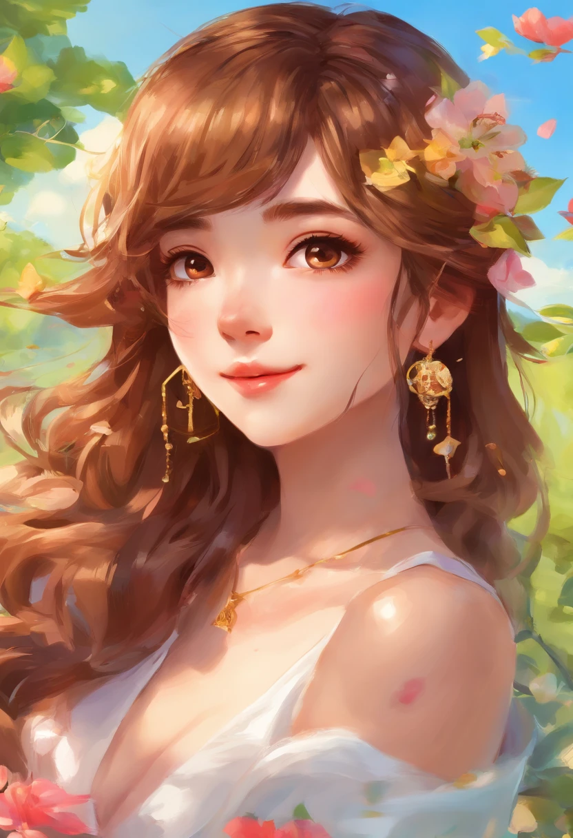 Painting of a woman with brown hair and sylk dress, glossy silk, beautiful art uhd 4 k, oil panting, outdoor,
garden,beautiful character painting, beautiful portrait oil painting, expressive beautiful painting,
expressive beautiful portrait, side light, blue sky