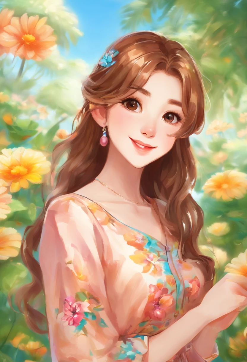 Painting of a woman with brown hair and sylk dress, glossy silk, beautiful art uhd 4 k, oil panting, outdoor,
garden,beautiful character painting, beautiful portrait oil painting, expressive beautiful painting,
expressive beautiful portrait, side light, blue sky