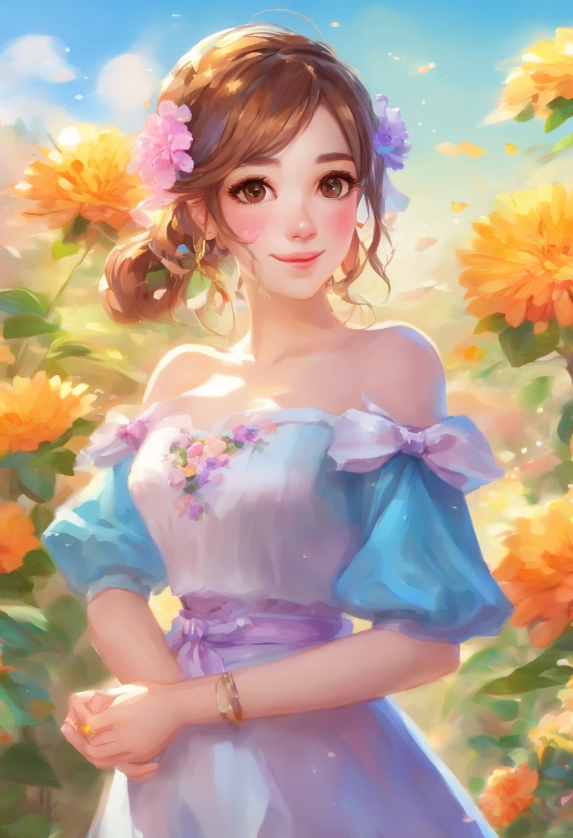 Painting of a woman with brown hair and sylk dress, glossy silk, beautiful art uhd 4 k, oil panting, outdoor, 
garden,beautiful character painting, beautiful portrait oil painting, expressive beautiful painting, 
expressive beautiful portrait, side light, blue sky