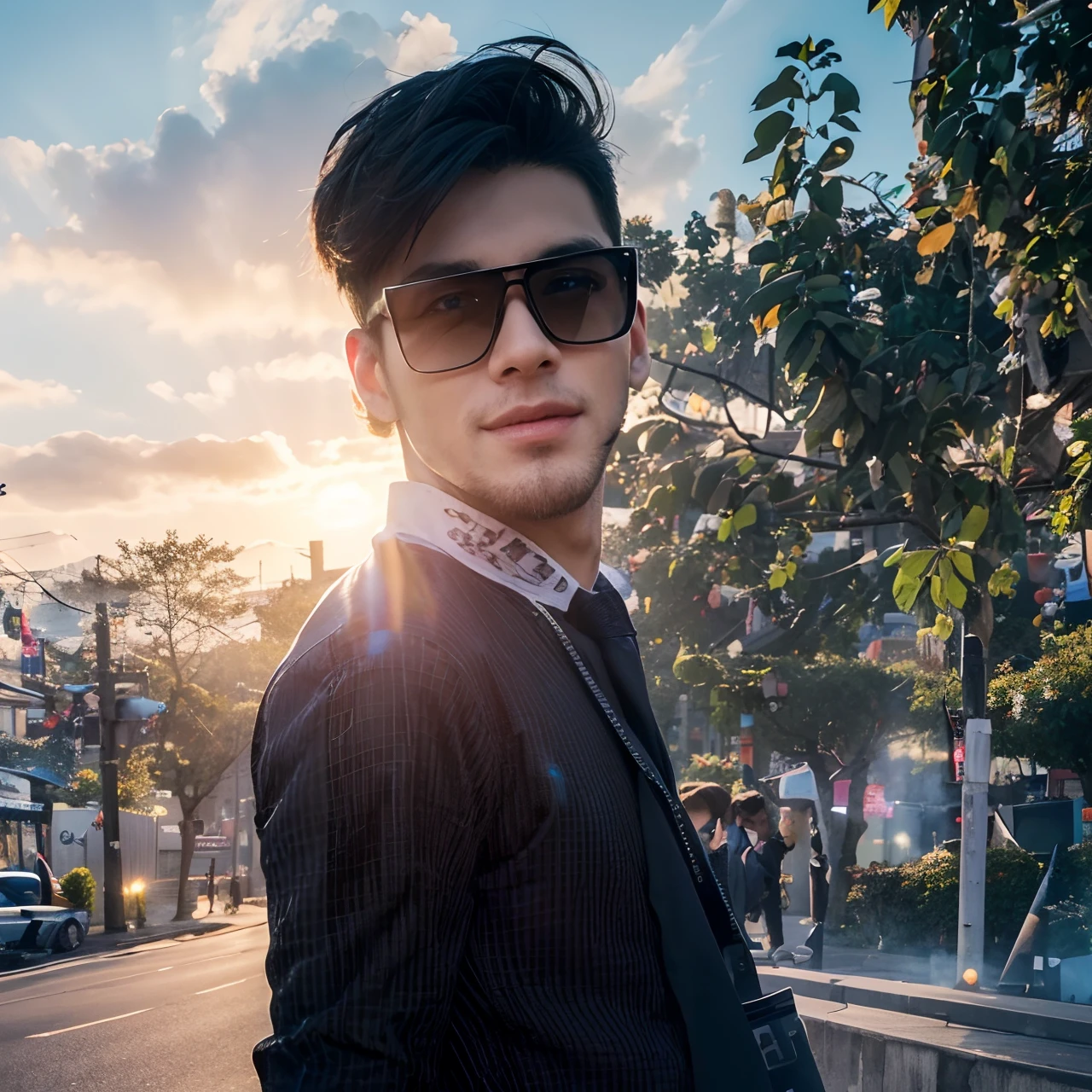 A lively and cheerful handsome boy,dressed in a black,Has blue eyes,Real Human,A sense of future technology change background realistic face, realistic little bit long hair