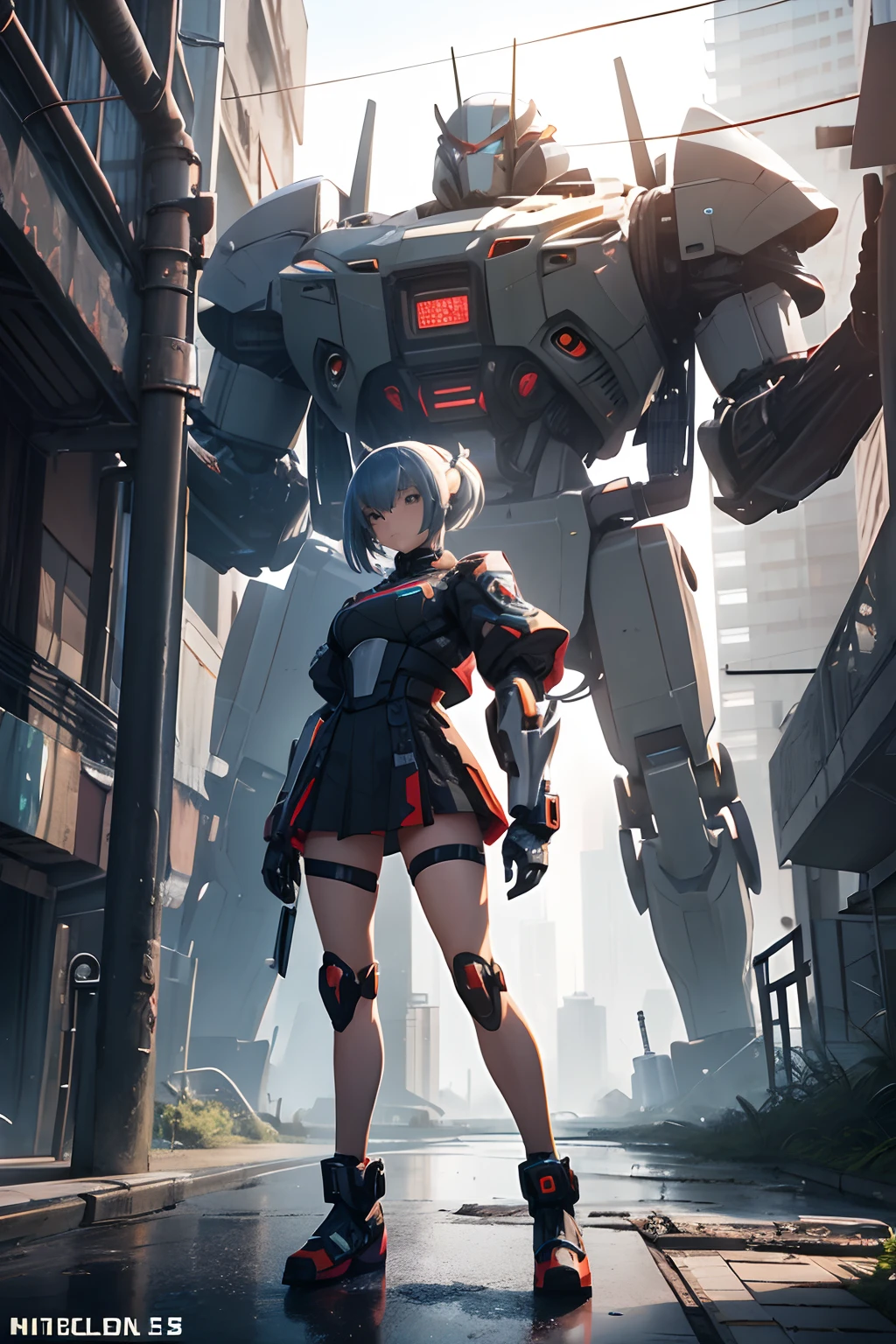 ((1 cyborg loli)),((huge breasts,biomechanical breasts,biomechanical penis)),((biomechanical pussy,pussy fluid,((nipple fuck)),((urethral insertion)),standing with raised to the tall one, ((short white hair, red eyes, evil smile)), a haunted factory, at night,