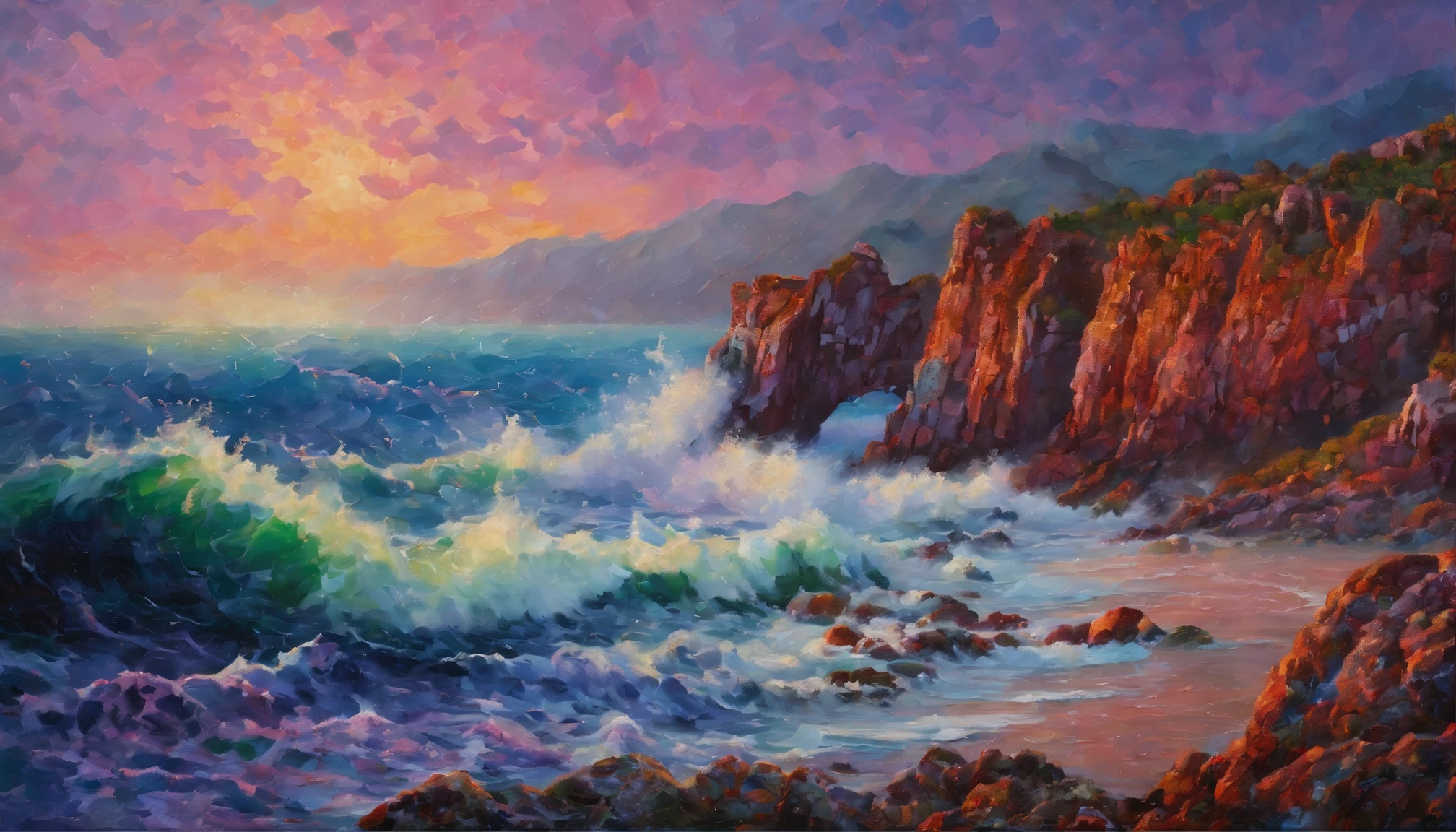 A vibrant seascape scene capturing the raw power of the ocean with waves crashing dramatically upon rugged reefs. Cloudy twilight sky with purple and pink nuances. Realistic sea waters and rock formations. Expressionist light and shadow. Hyperrealistic oil on canvas. Detailed, intricate artwork.