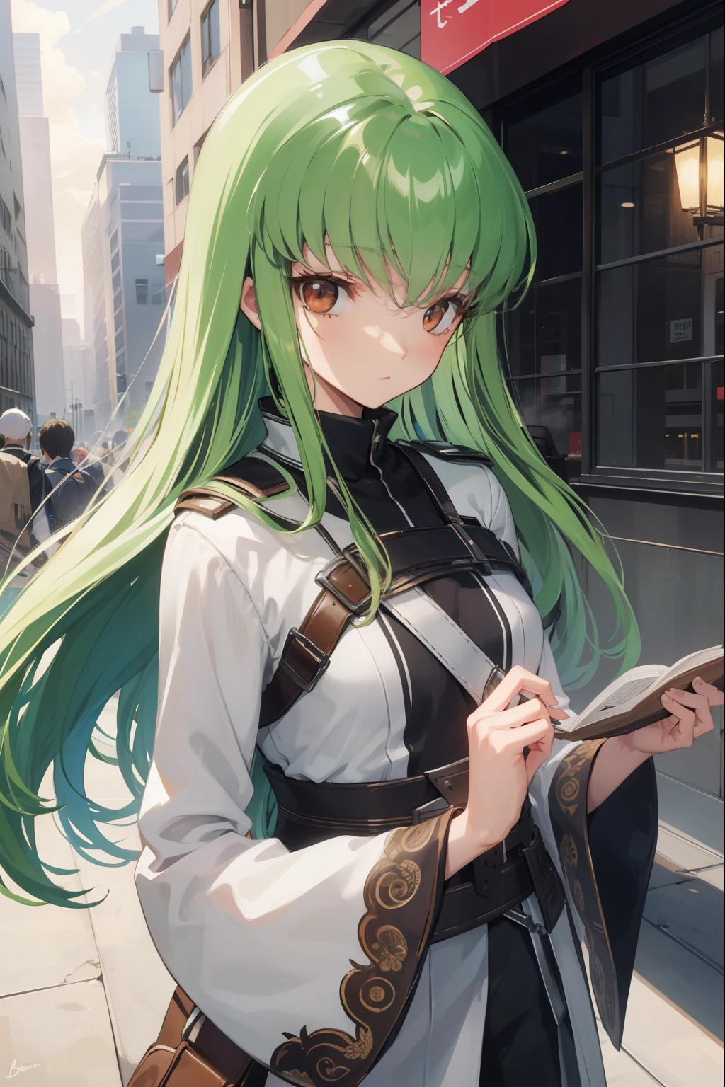 codegeasscc, cc, (brown eyes:1.5), green hair, long hair, straight hair,
BREAK straitjacket, (white straitjacket:1.5), wide sleeves,
BREAK outdoors, city,
BREAK looking at viewer, BREAK (masterpiece:1.2), best quality, high resolution, unity 8k wallpaper, (illustration:0.8), (beautiful detailed eyes:1.6), extremely detailed face, perfect lighting, extremely detailed CG, (perfect hands, perfect anatomy),